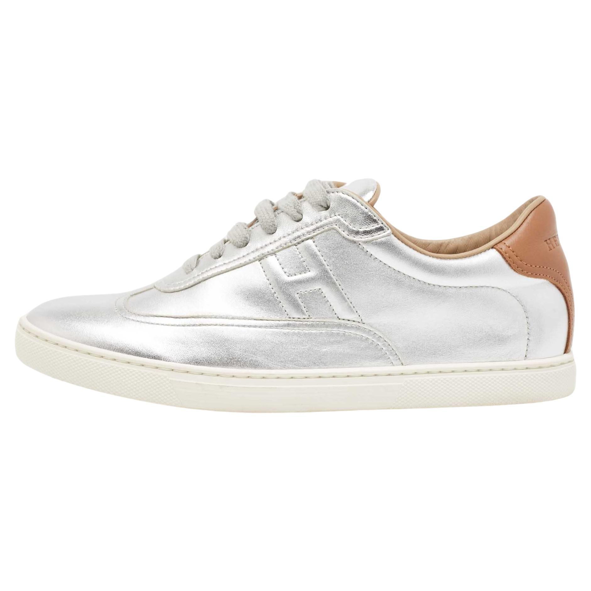 Hermes Silver Leather Quicker Low Top Sneakers Size 38