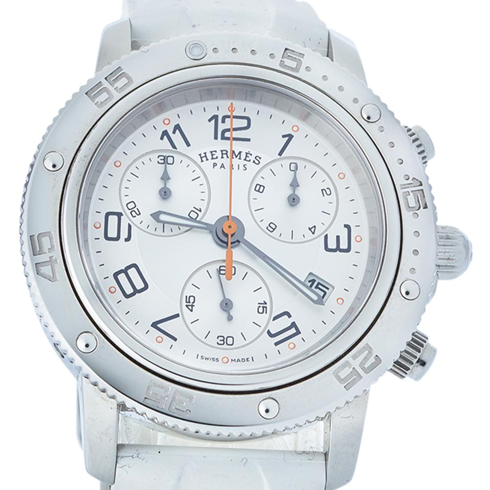 Contemporary Hermes Silver Rubber Clipper Chronograph CP2.410 Unisex Wristwatch 36 mm