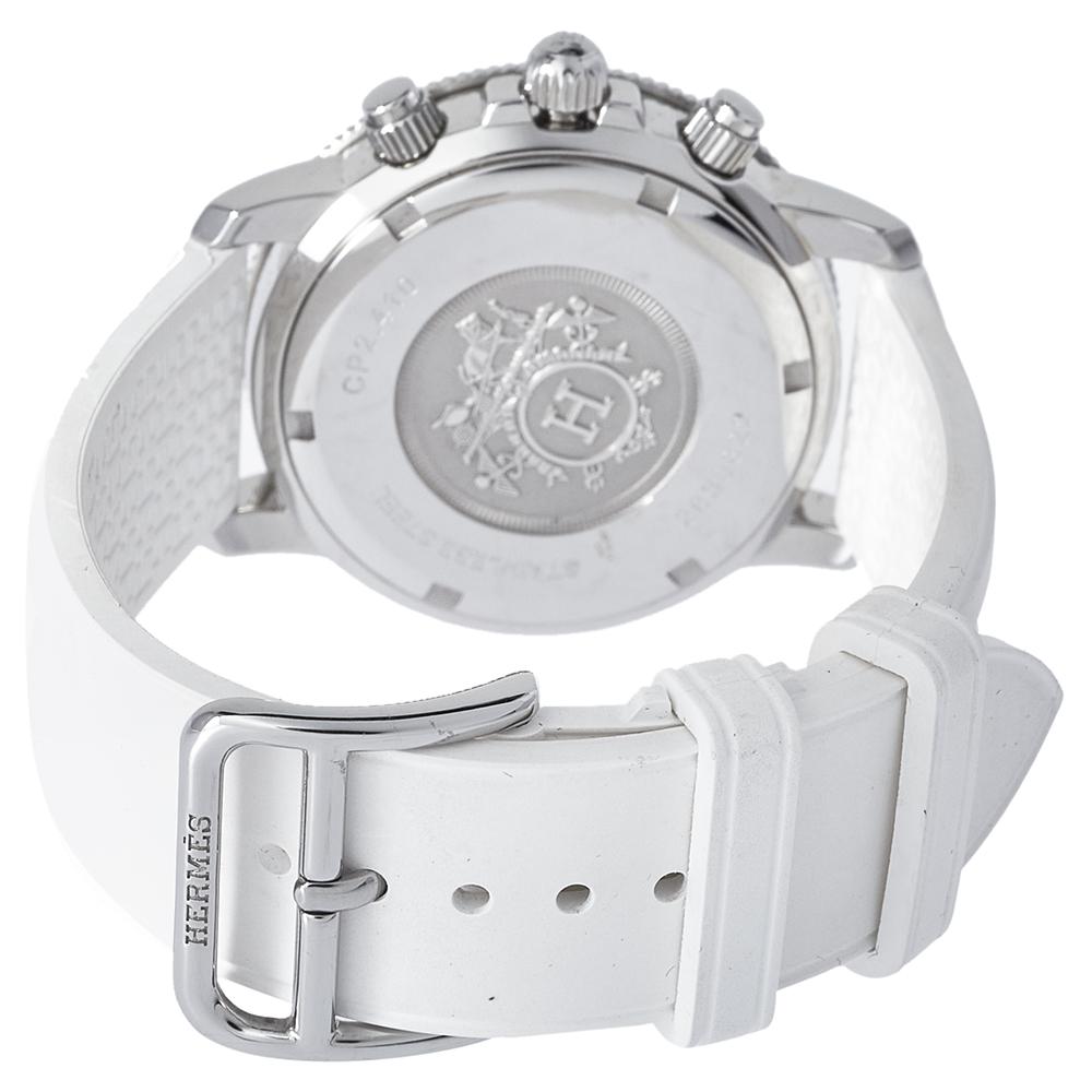 Hermes Silver Rubber Clipper Chronograph CP2.410 Unisex Wristwatch 36 mm In Good Condition In Dubai, Al Qouz 2