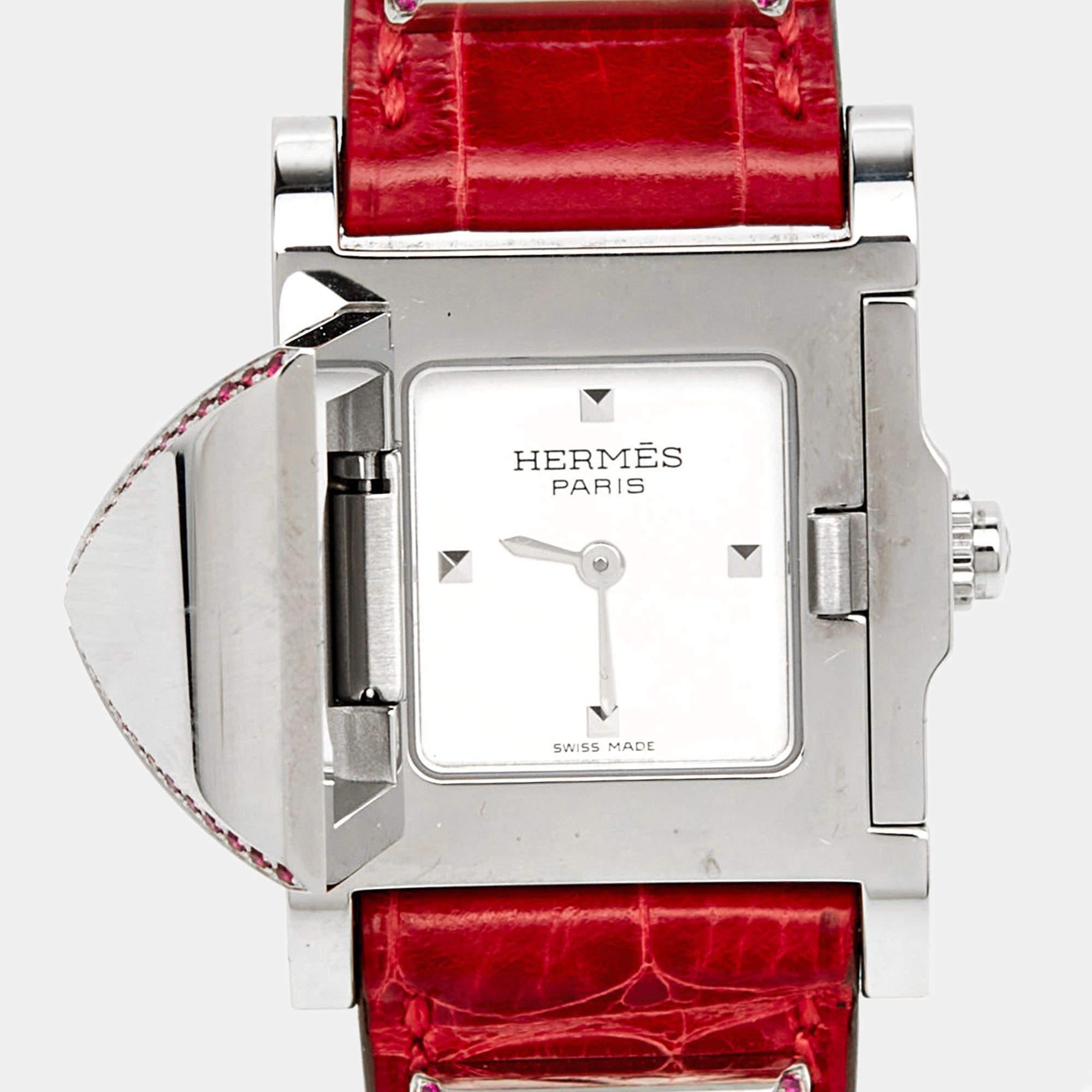 Hermes Silver Stainless Steel Alligator Leather Pink Sapphire Medor ME3.234 Wome For Sale 6