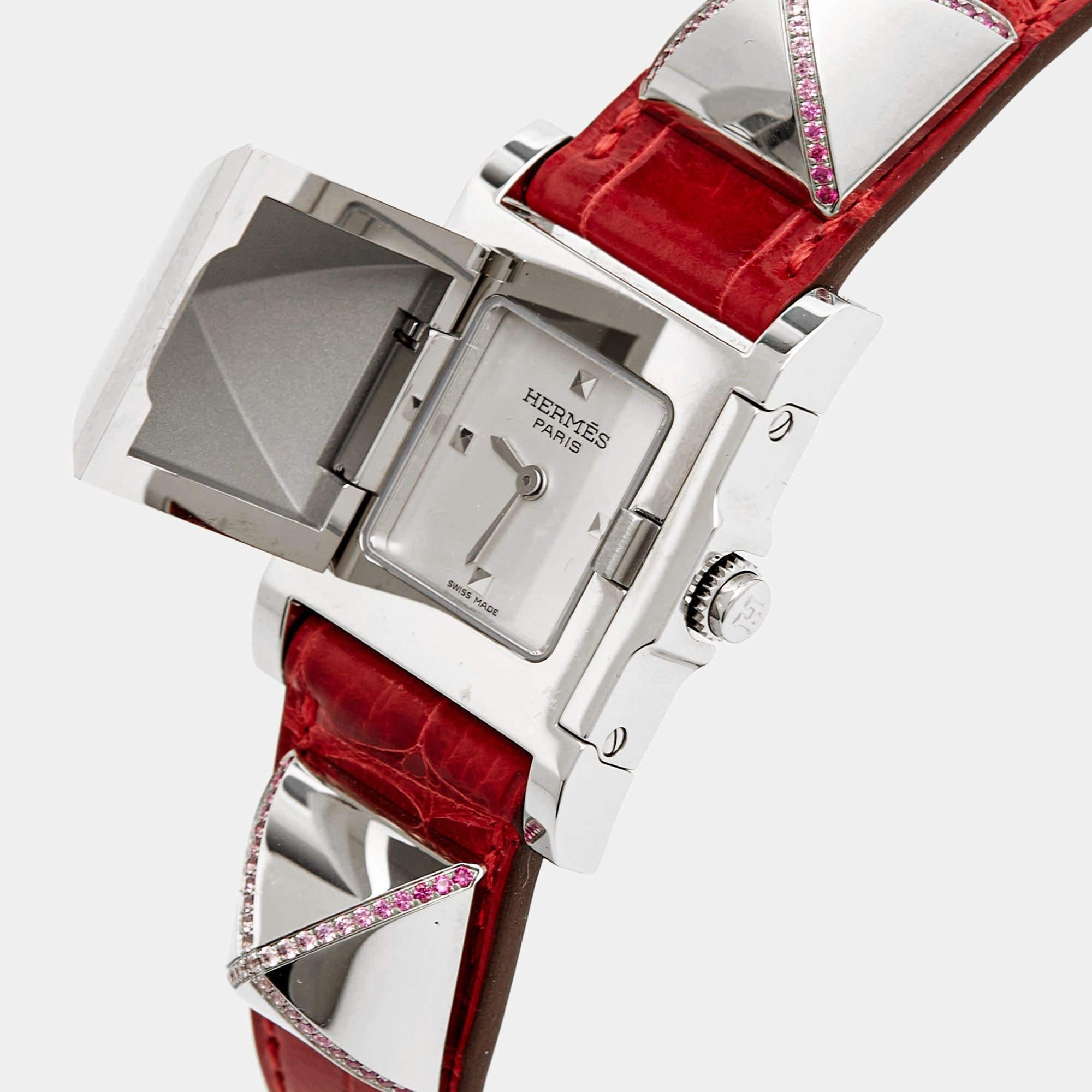 Hermes Silver Stainless Steel Alligator Leather Pink Sapphire Medor ME3.234 Wome For Sale 1
