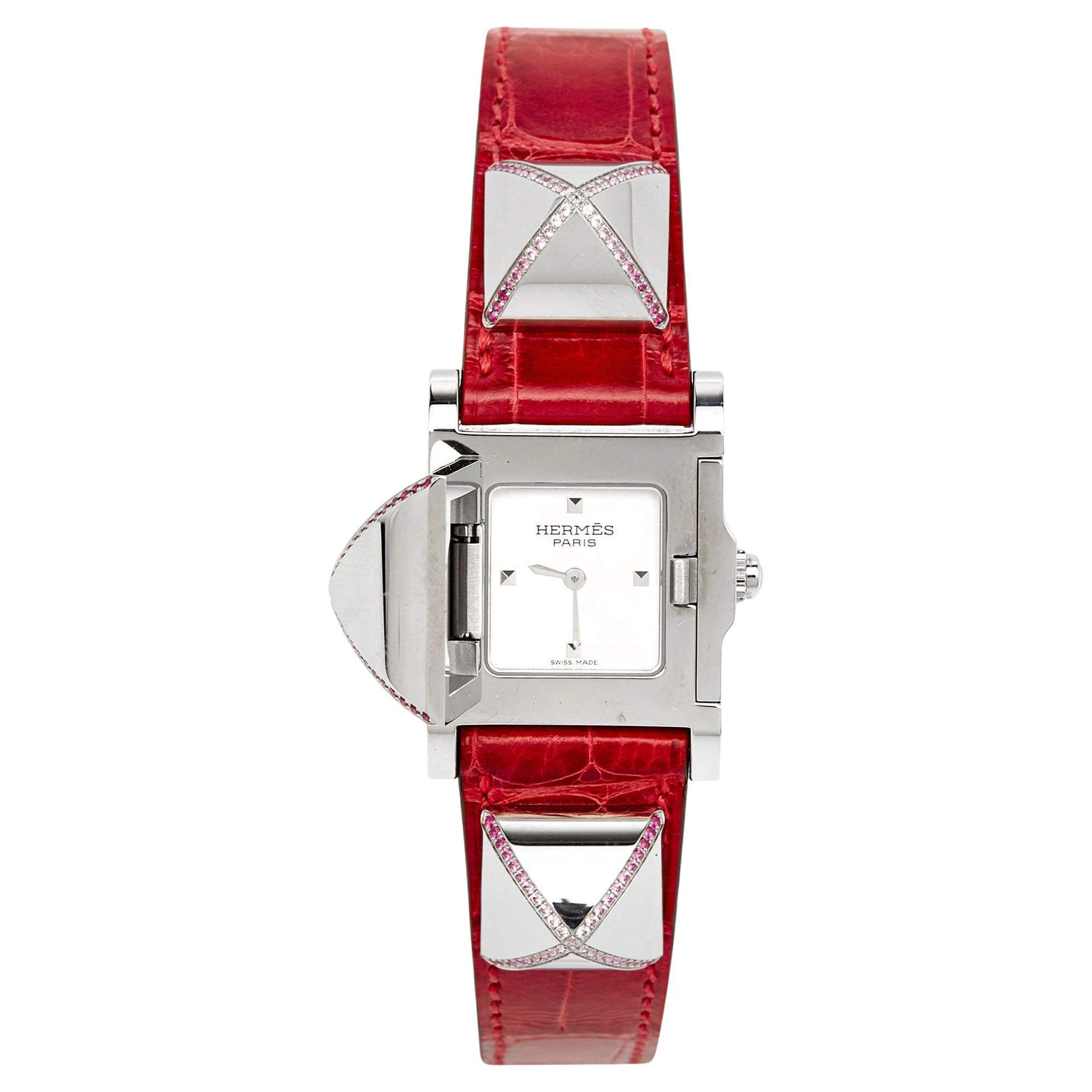 Hermes Silver Stainless Steel Alligator Leather Pink Sapphire Medor ME3.234 Wome For Sale