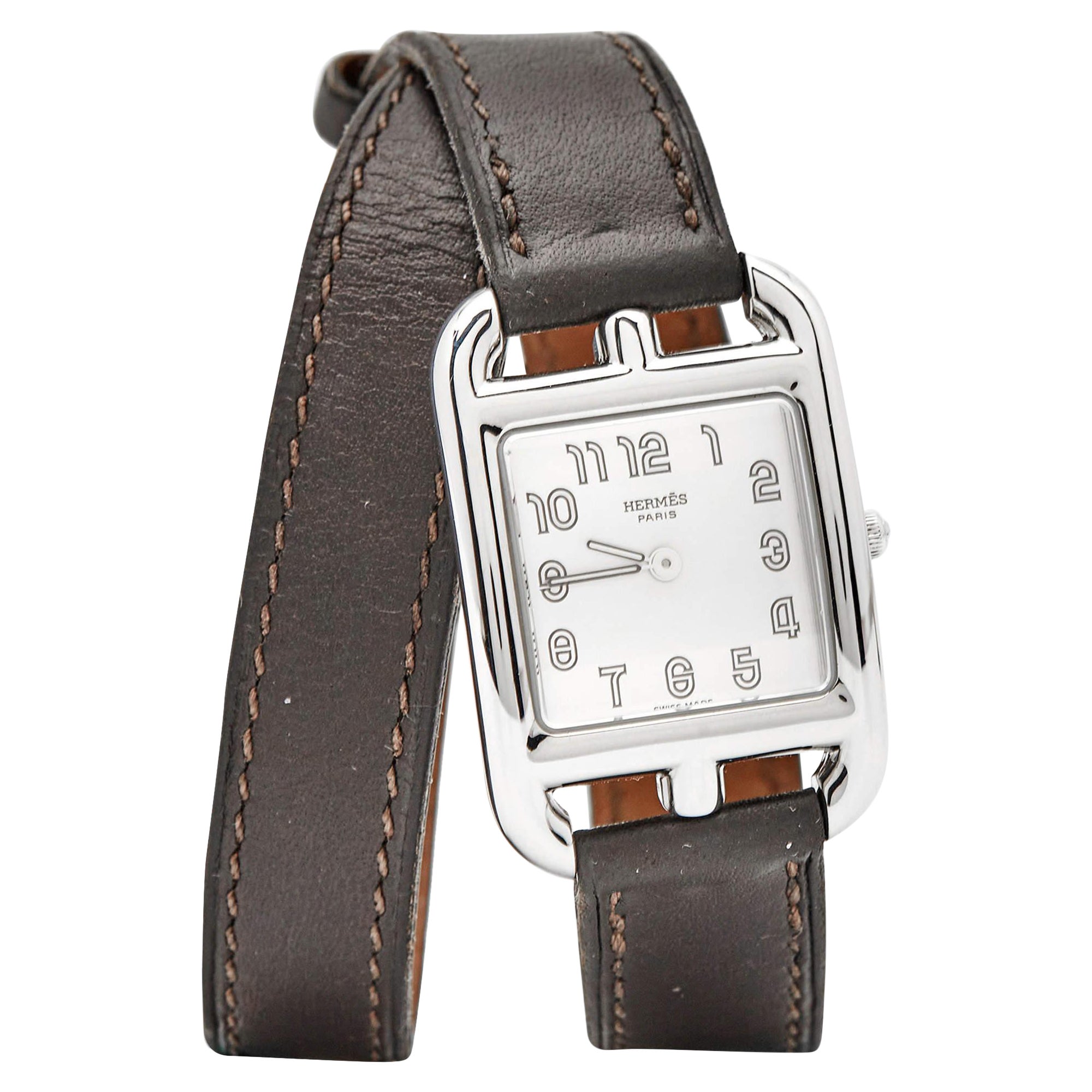 Hermes Silver Stainless Steel Leather Cape Cod CC1.210 Unisex Wristwatch 23 mm