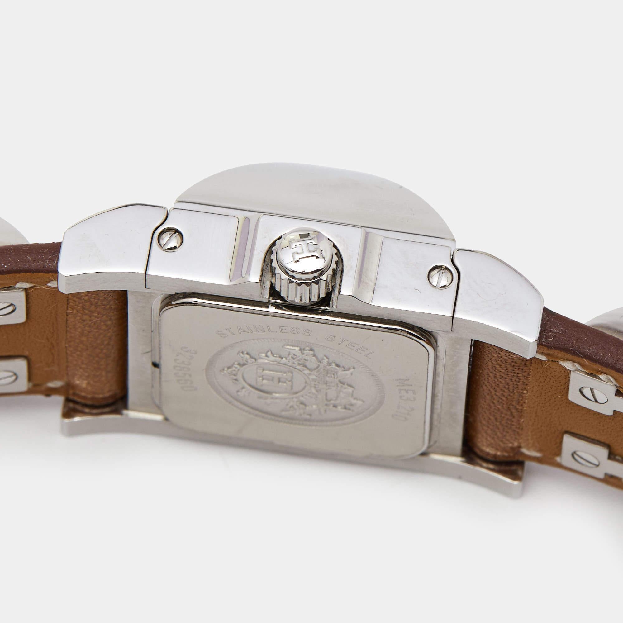 Contemporary Hermes Silver Stainless Steel Leather Medor W028321WW00 Women's Wristwatch 23 mm For Sale