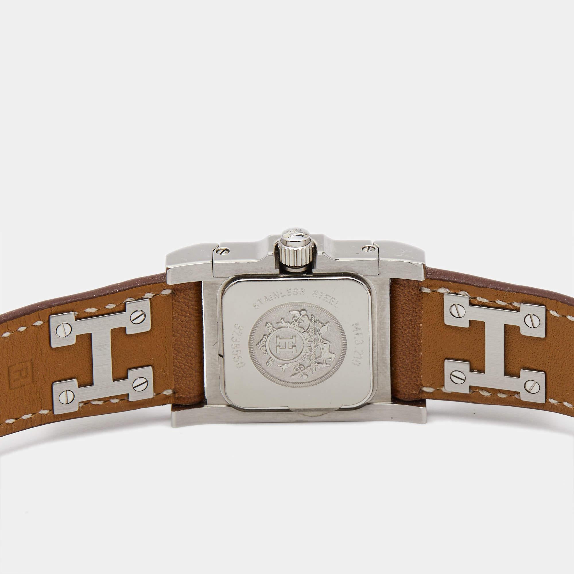 Hermes Silver Stainless Steel Leather Medor W028321WW00 Women's Wristwatch 23 mm For Sale 1