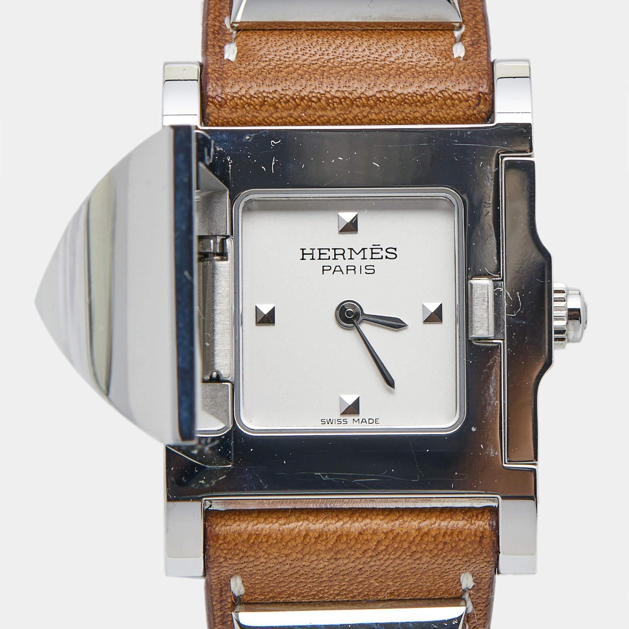 Hermes Silver Stainless Steel Leather Medor W028321WW00 Women's Wristwatch 23 mm For Sale 1