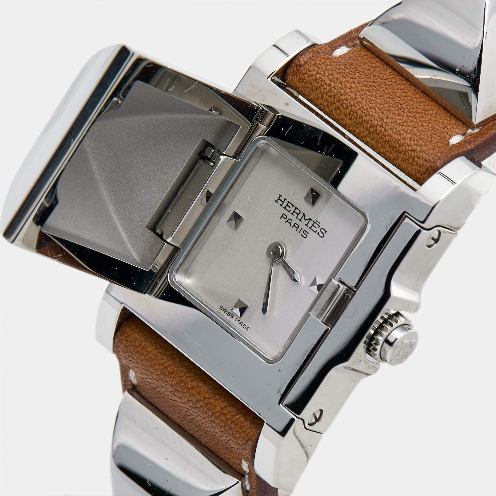 Hermes Silver Stainless Steel Leather Medor W028321WW00 Women's Wristwatch 23 mm For Sale 2