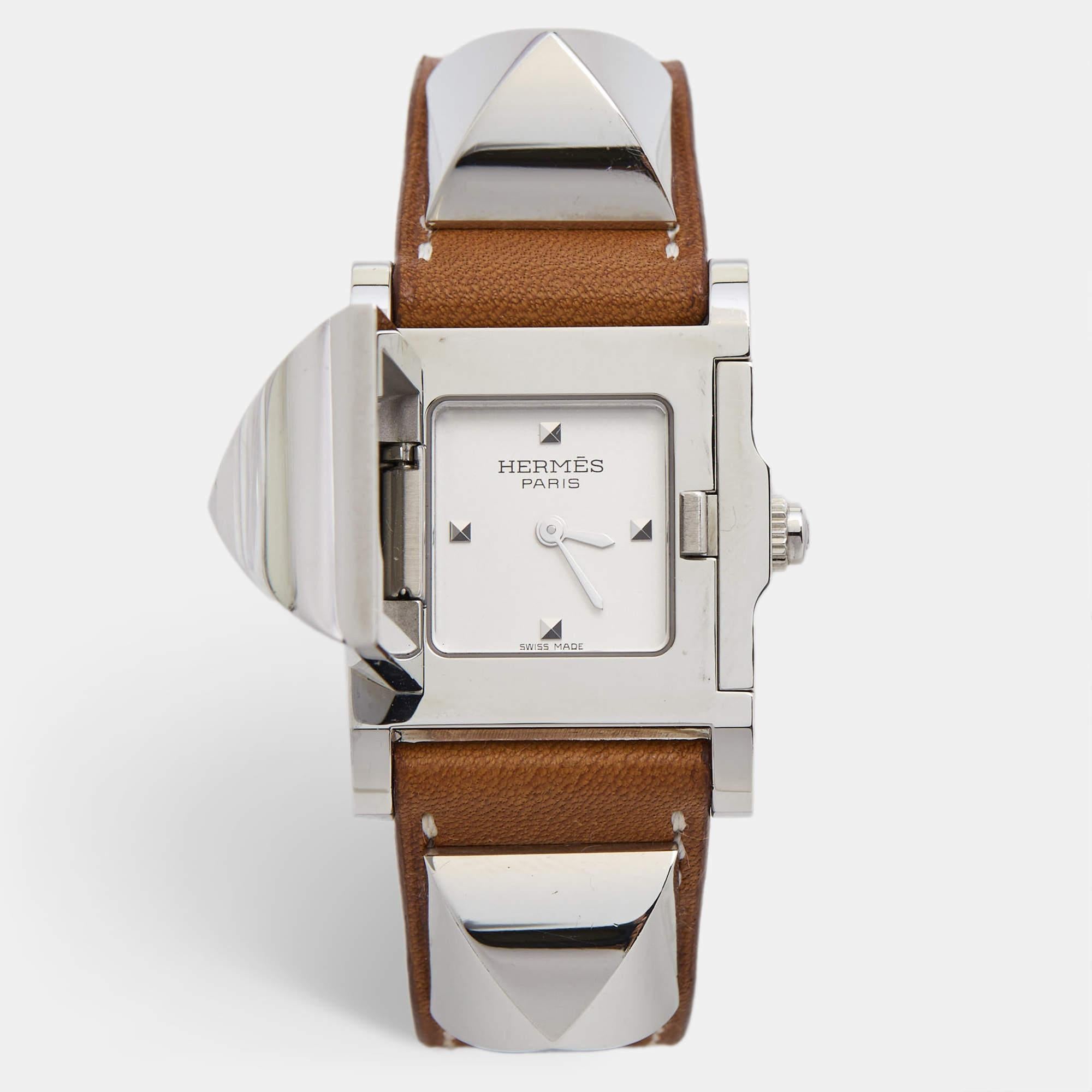Hermes Silver Stainless Steel Leather Medor W028321WW00 Women's Wristwatch 23 mm For Sale 4