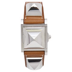 Hermes Silver Stainless Steel Leather Medor W028321WW00 Women's Wristwatch 23 mm