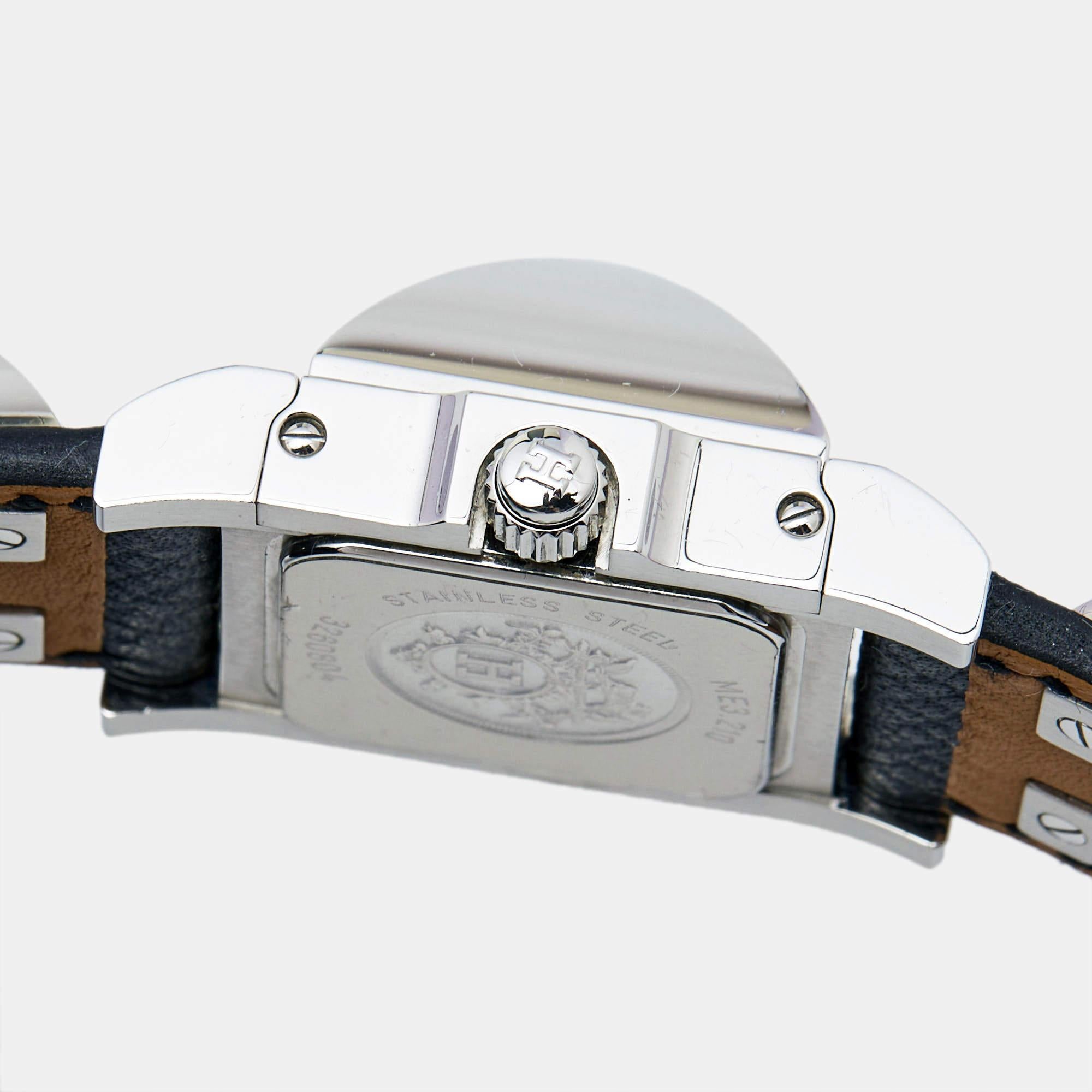 Contemporary Hermes Silver Stainless Steel Leather Medor W028322WW00 Women's Wristwatch 23 mm For Sale