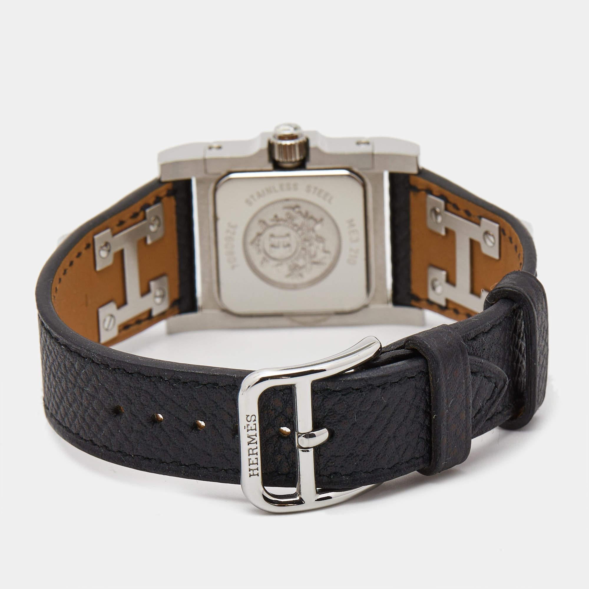 Hermes Silver Stainless Steel Leather Medor W028322WW00 Women's Wristwatch 23 mm For Sale 1