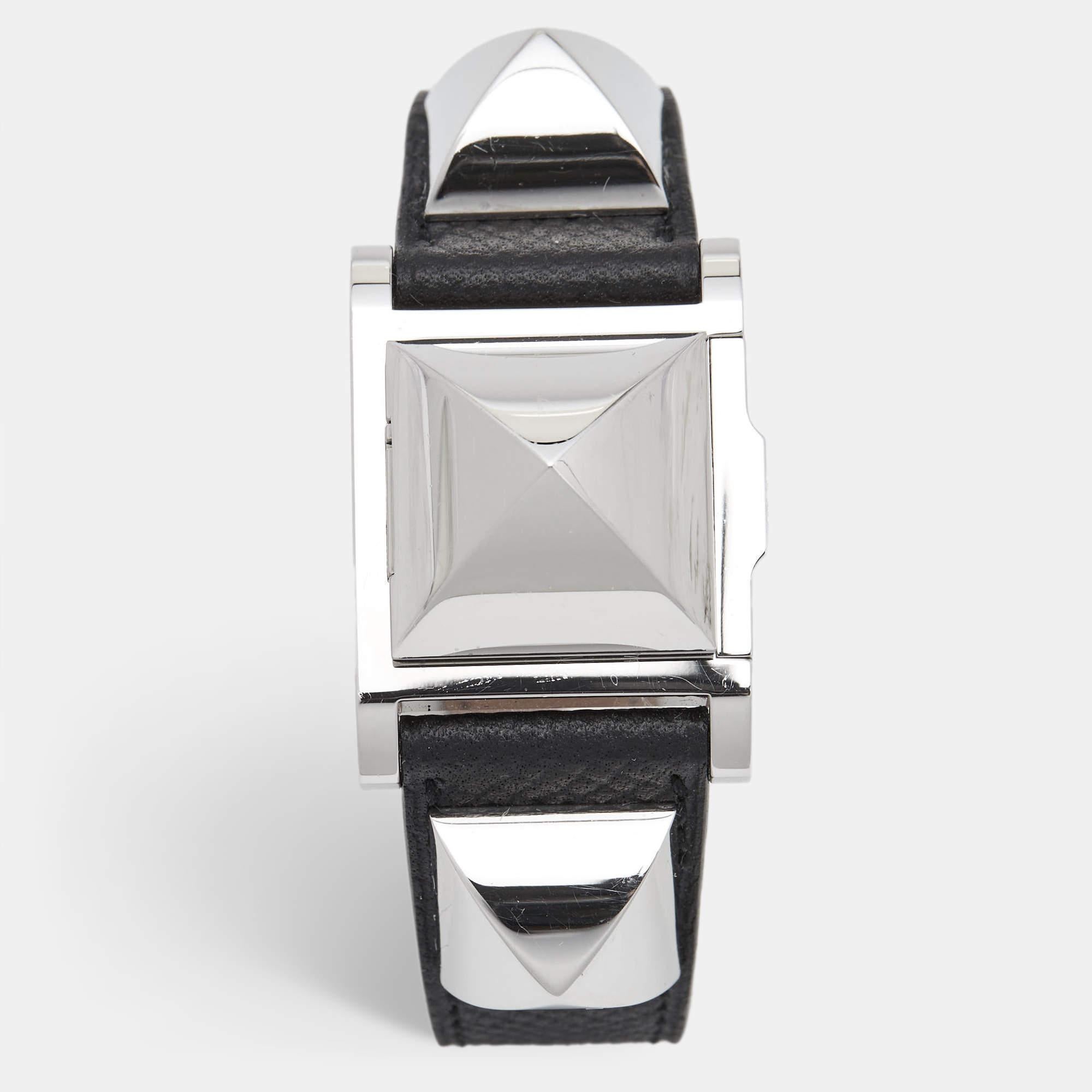 Hermes Silver Stainless Steel Leather Medor W028322WW00 Women's Wristwatch 23 mm For Sale 2