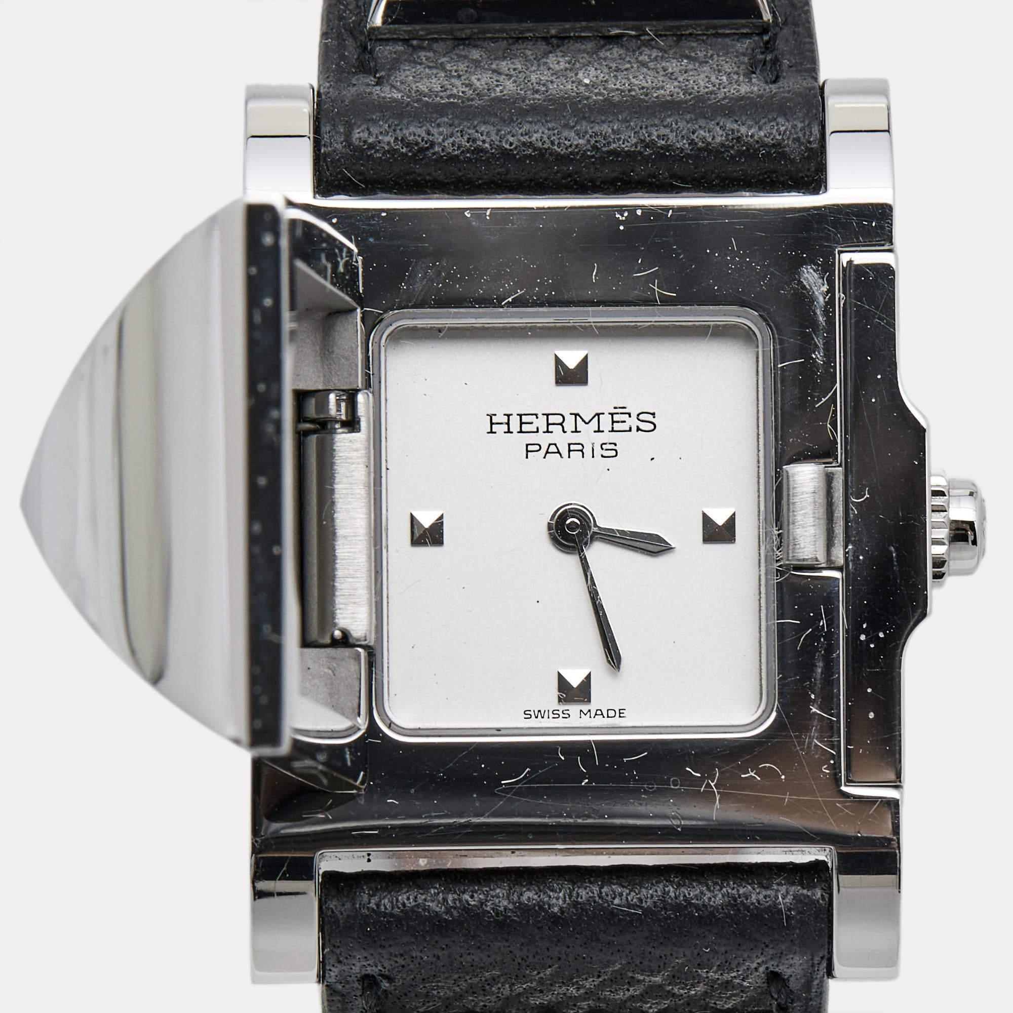 Hermes Silver Stainless Steel Leather Medor W028322WW00 Women's Wristwatch 23 mm For Sale 2