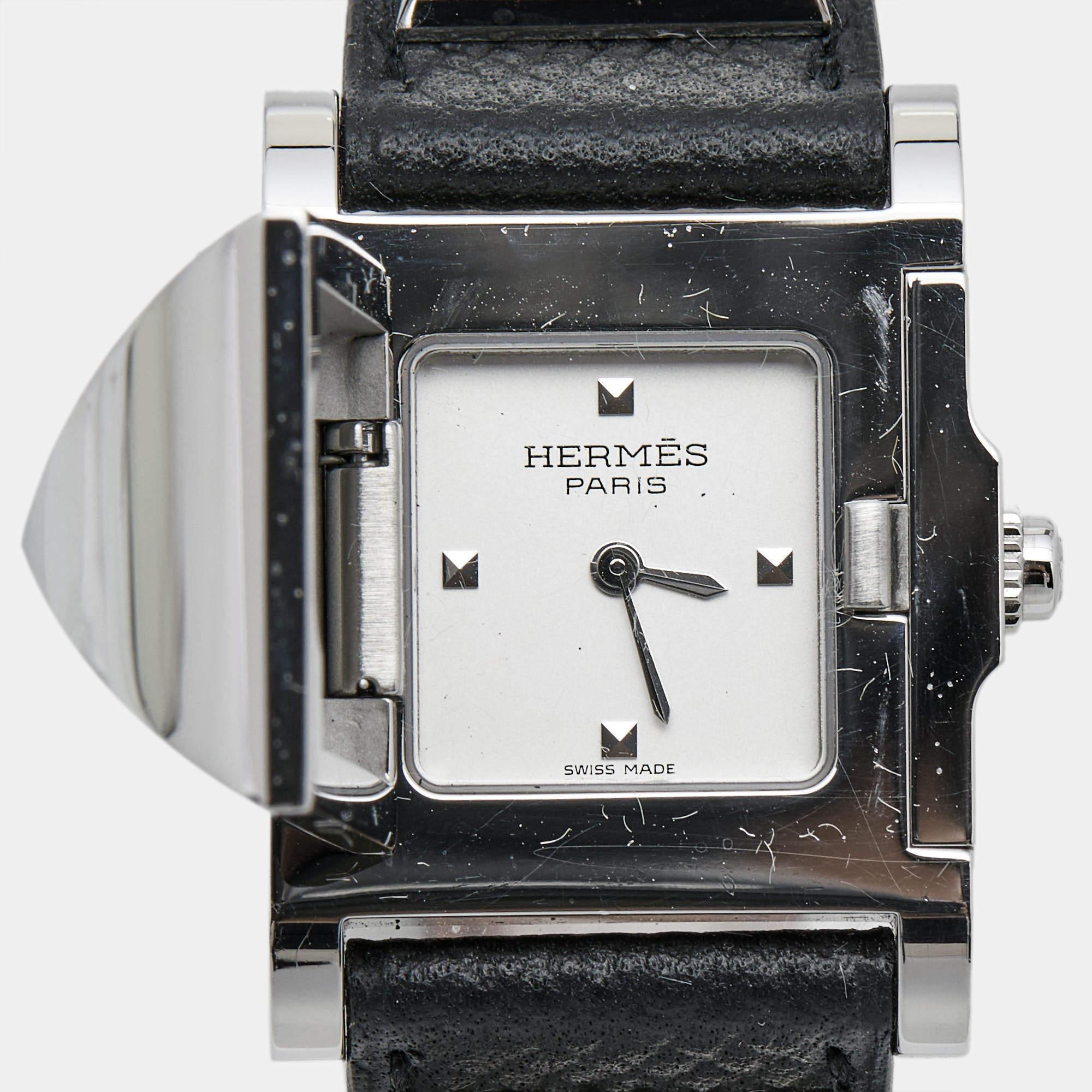 Hermes Silver Stainless Steel Leather Medor W028322WW00 Women's Wristwatch 23 mm For Sale 3