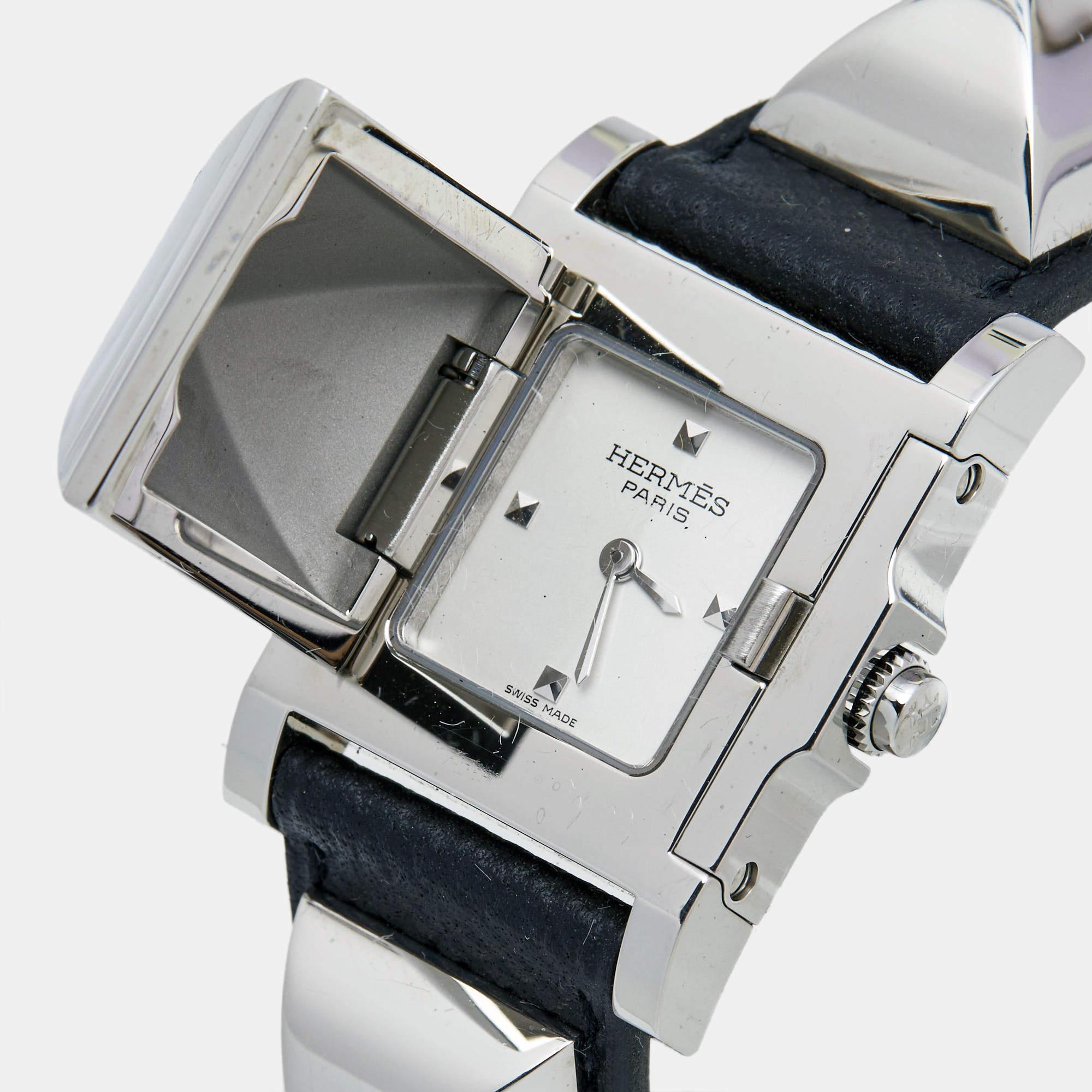 Hermes Silver Stainless Steel Leather Medor W028322WW00 Women's Wristwatch 23 mm For Sale 3