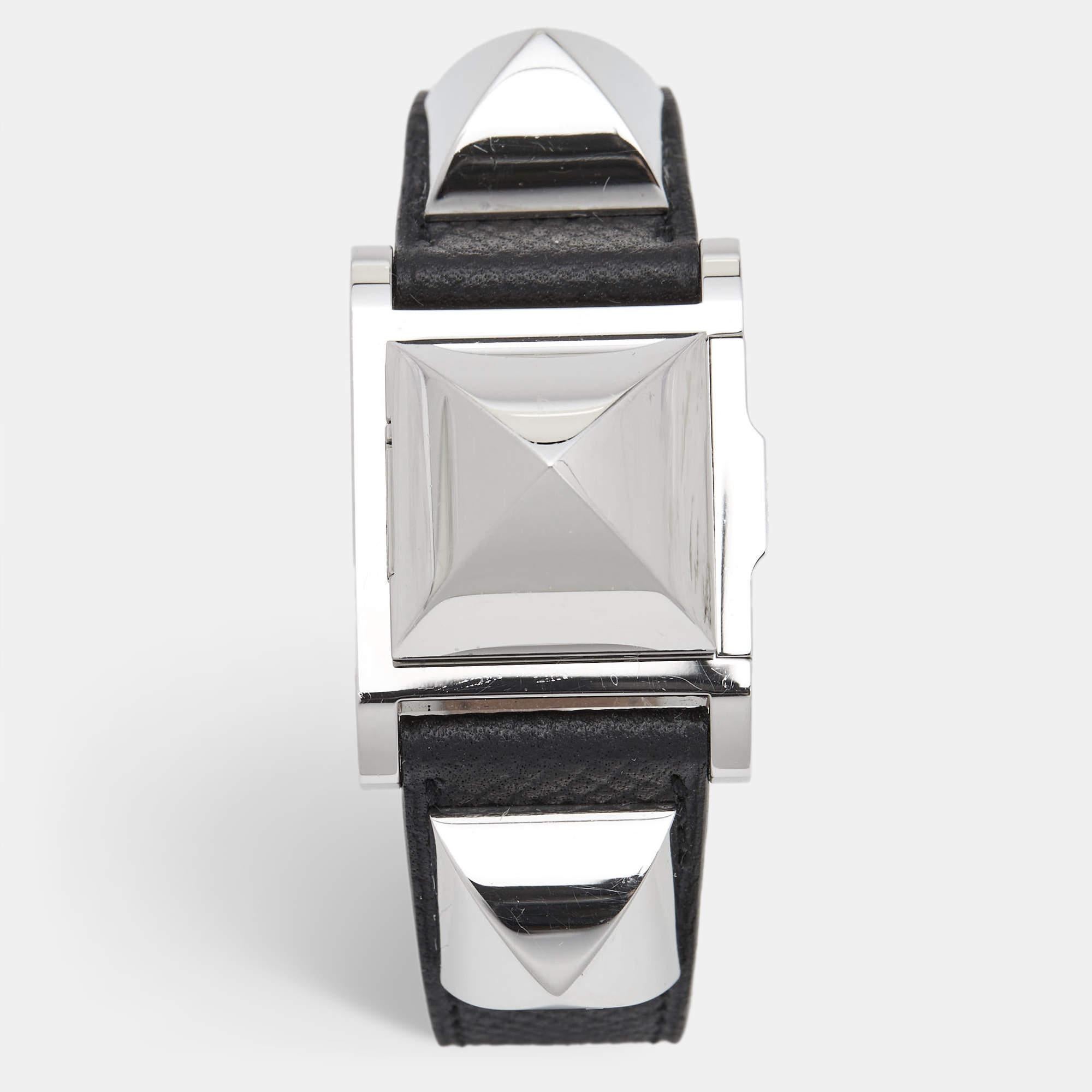 Hermes Silver Stainless Steel Leather Medor W028322WW00 Women's Wristwatch 23 mm For Sale 4