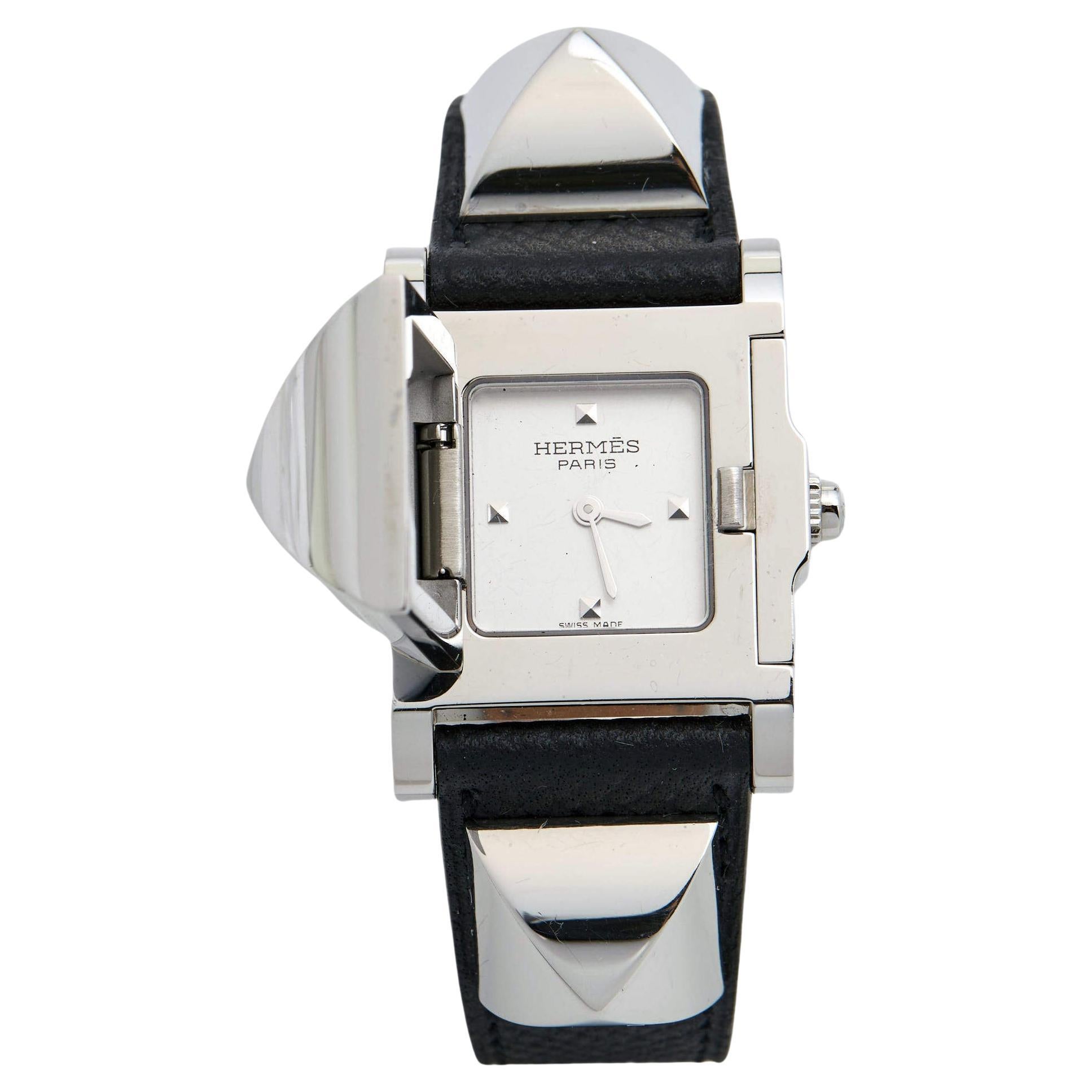 Hermes Silver Stainless Steel Leather Medor W028322WW00 Women's Wristwatch 23 mm For Sale