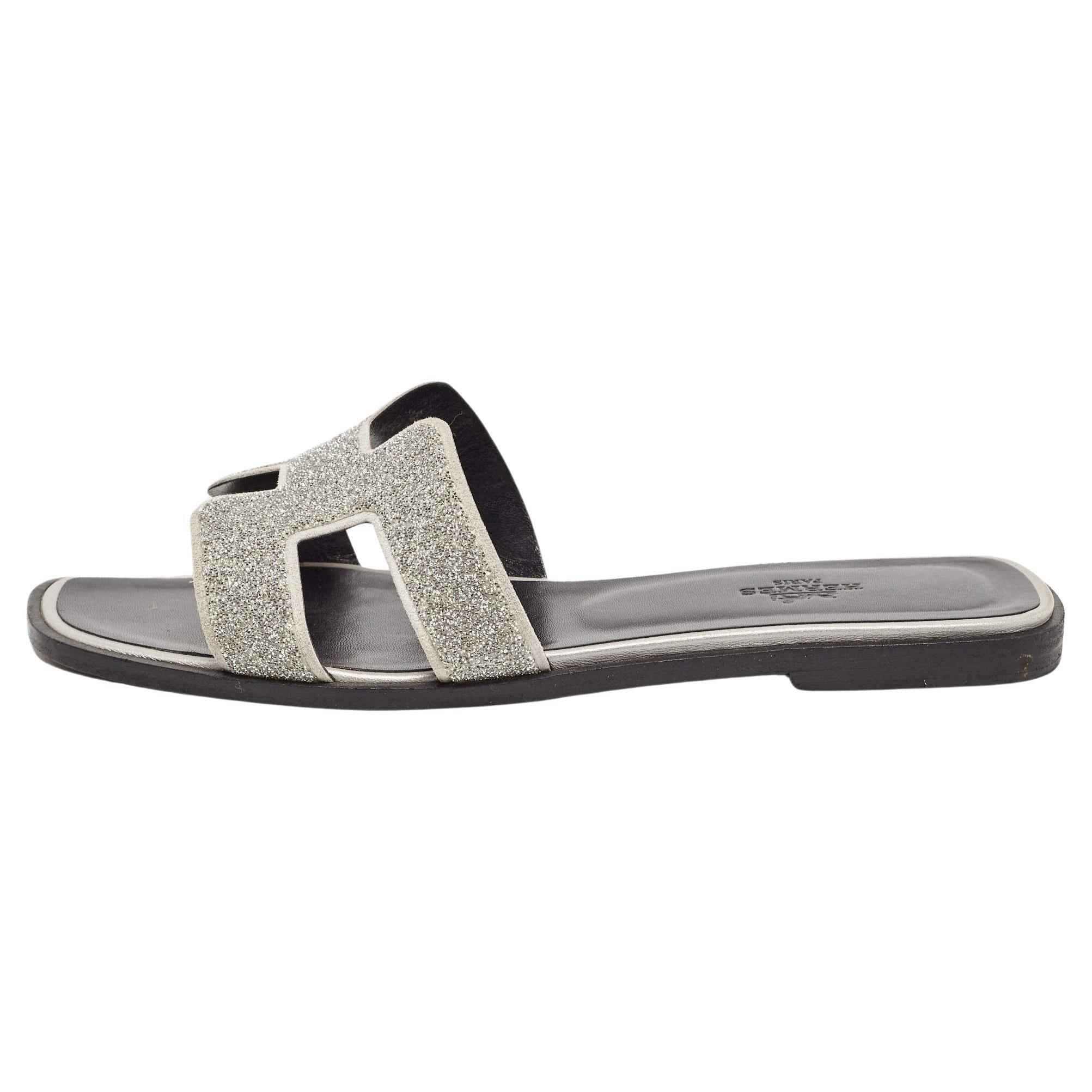 Hermes Silver Suede and Glitter Opne Toe Flat Oran Slides Size 38.5