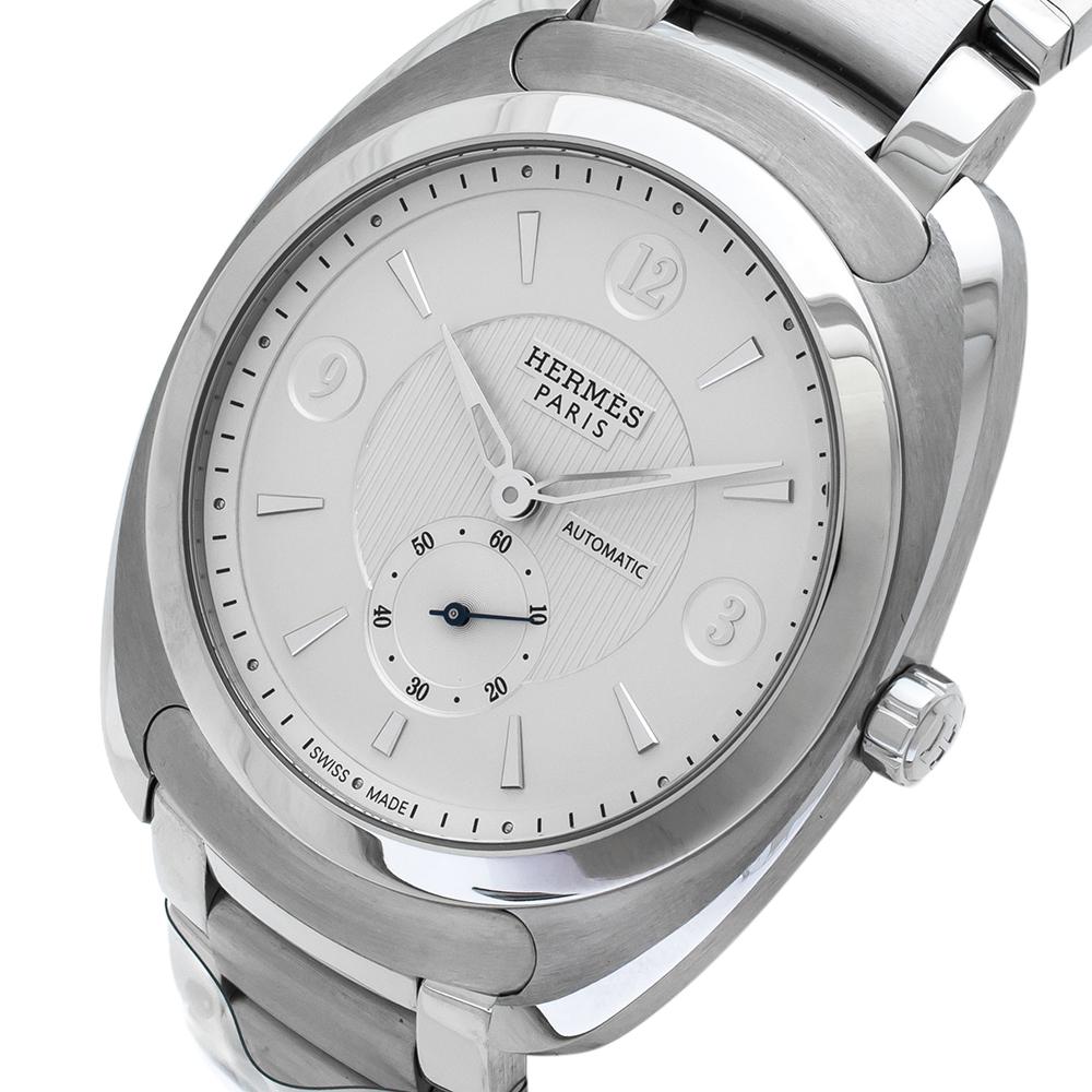 We have our eyes on this Hermes wristwatch for all the right reasons. It comes made from stainless steel and equipped with delighting features. The case has a sapphire crystal which protects the silver-white dial set with elegant hour markers and a