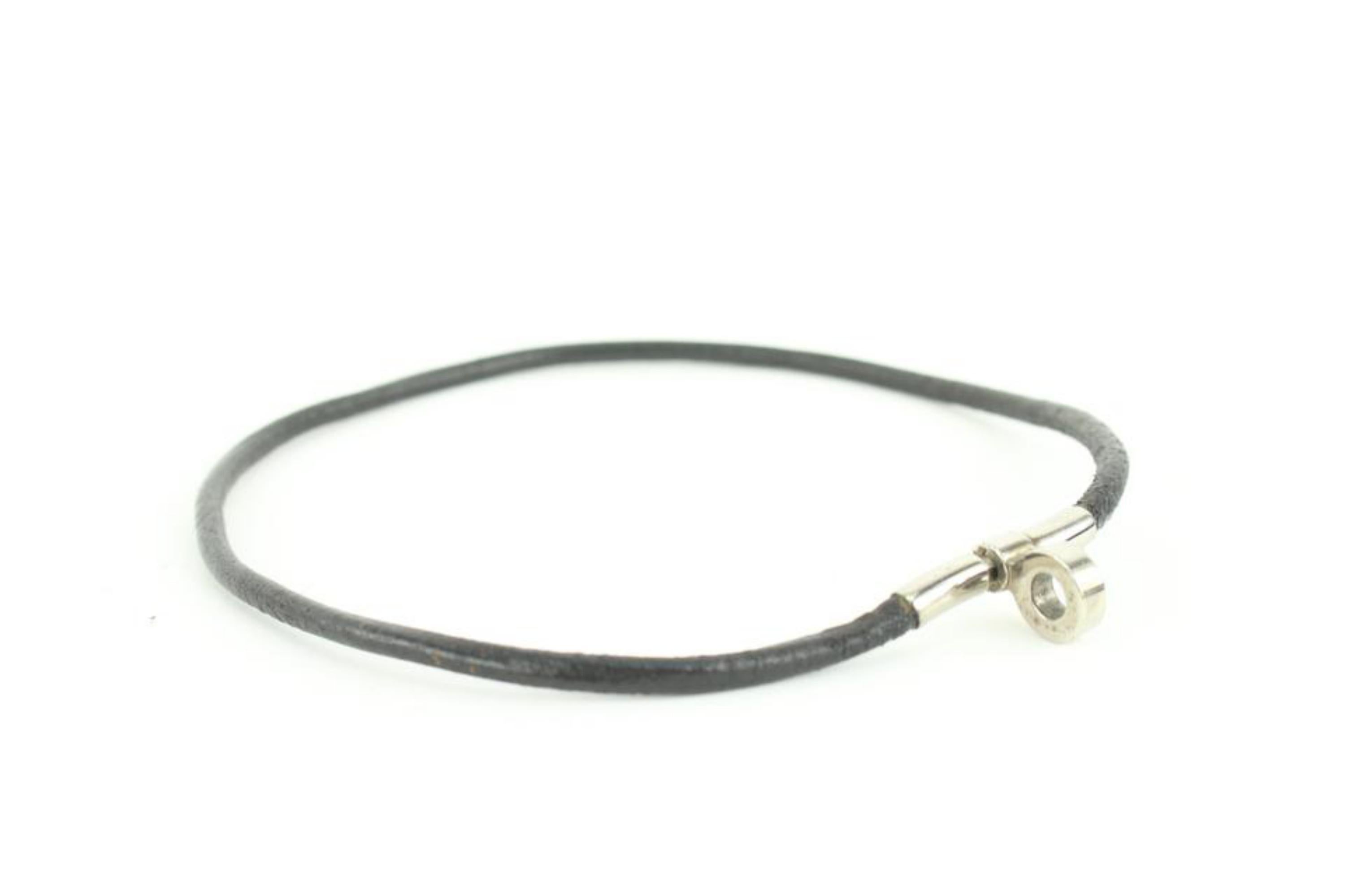 Gray Hermès Silver x Black Leather String Bracelet 16h22