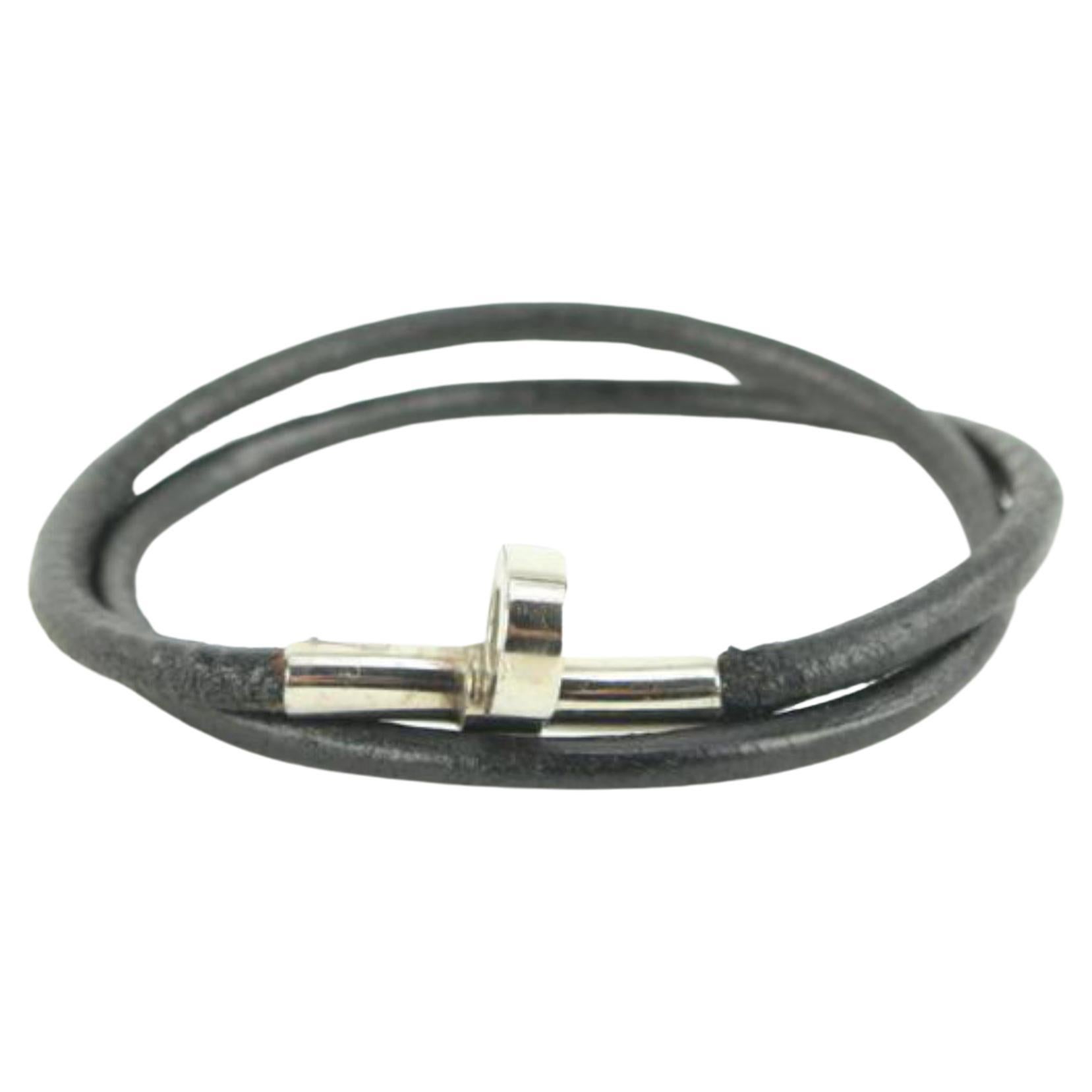 Hermès Silver x Black Leather String Bracelet 16h22