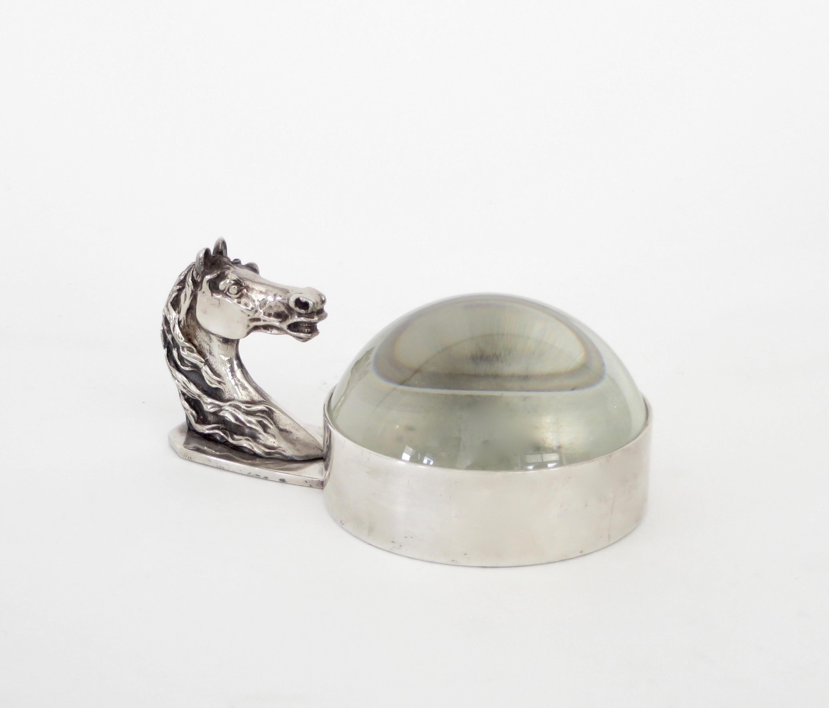 Hermes French silver plate equestrian horse motif desk magnifier.
Also can be used as a paperweight or simply as a wonderful accessory,
circa 1970.
Excellent condition with stamps of Hermes, Paris.