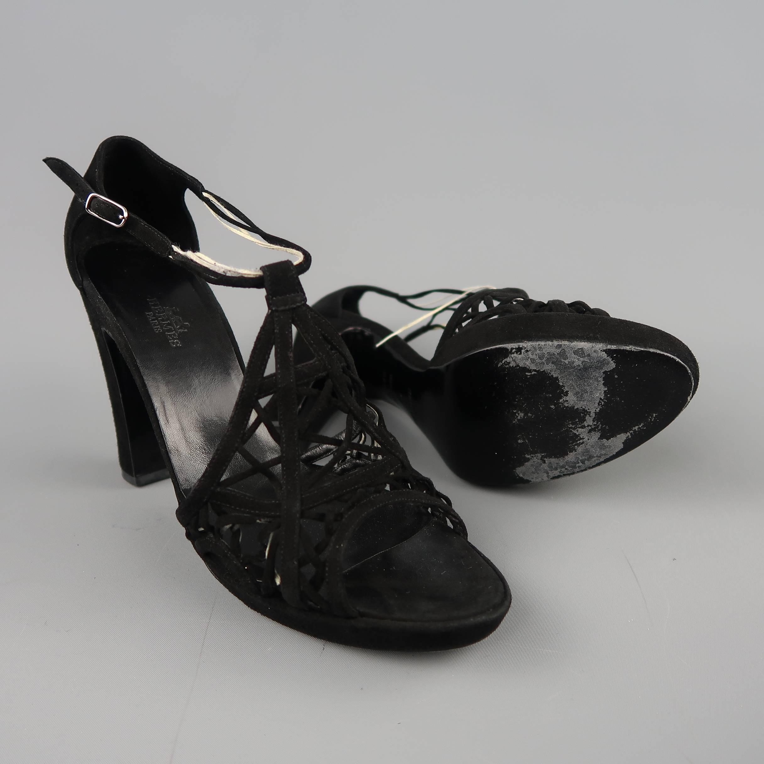Women's HERMES Size 10 Black Suede Buckled Strap Platform Sandals