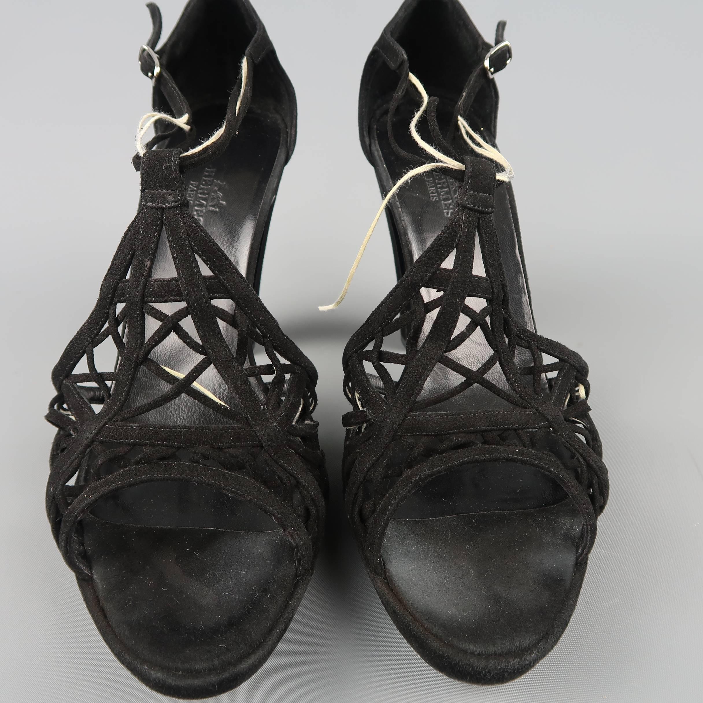 HERMES Size 10 Black Suede Buckled Strap Platform Sandals 2