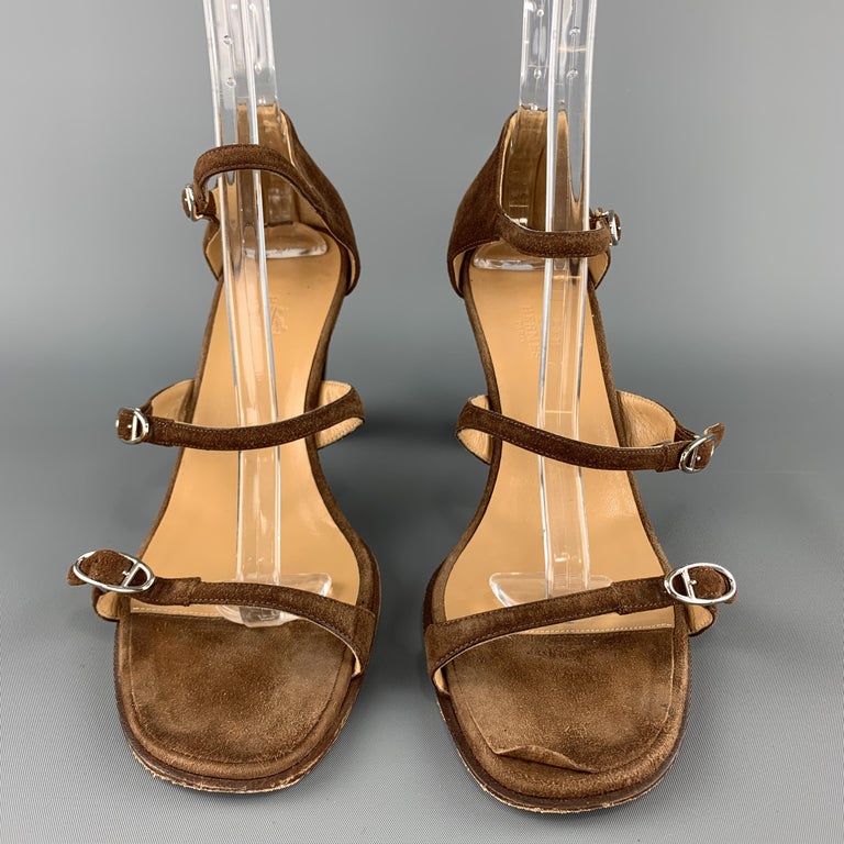 HERMES Size 10 Brown Suede Strappy Stacked Heel Sandals at 1stDibs ...