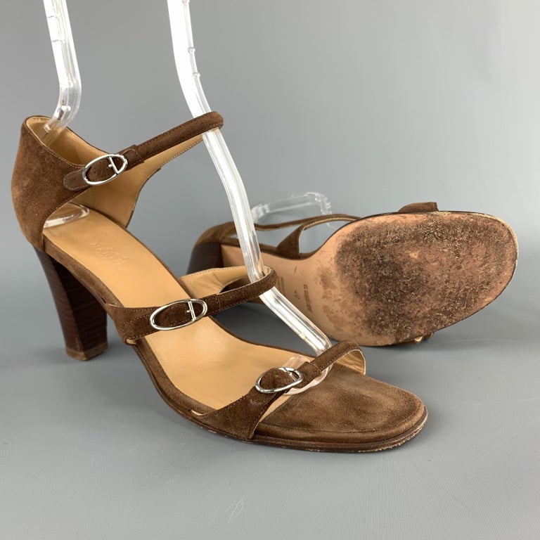 HERMES Size 10 Brown Suede Strappy Stacked Heel Sandals at 1stDibs ...