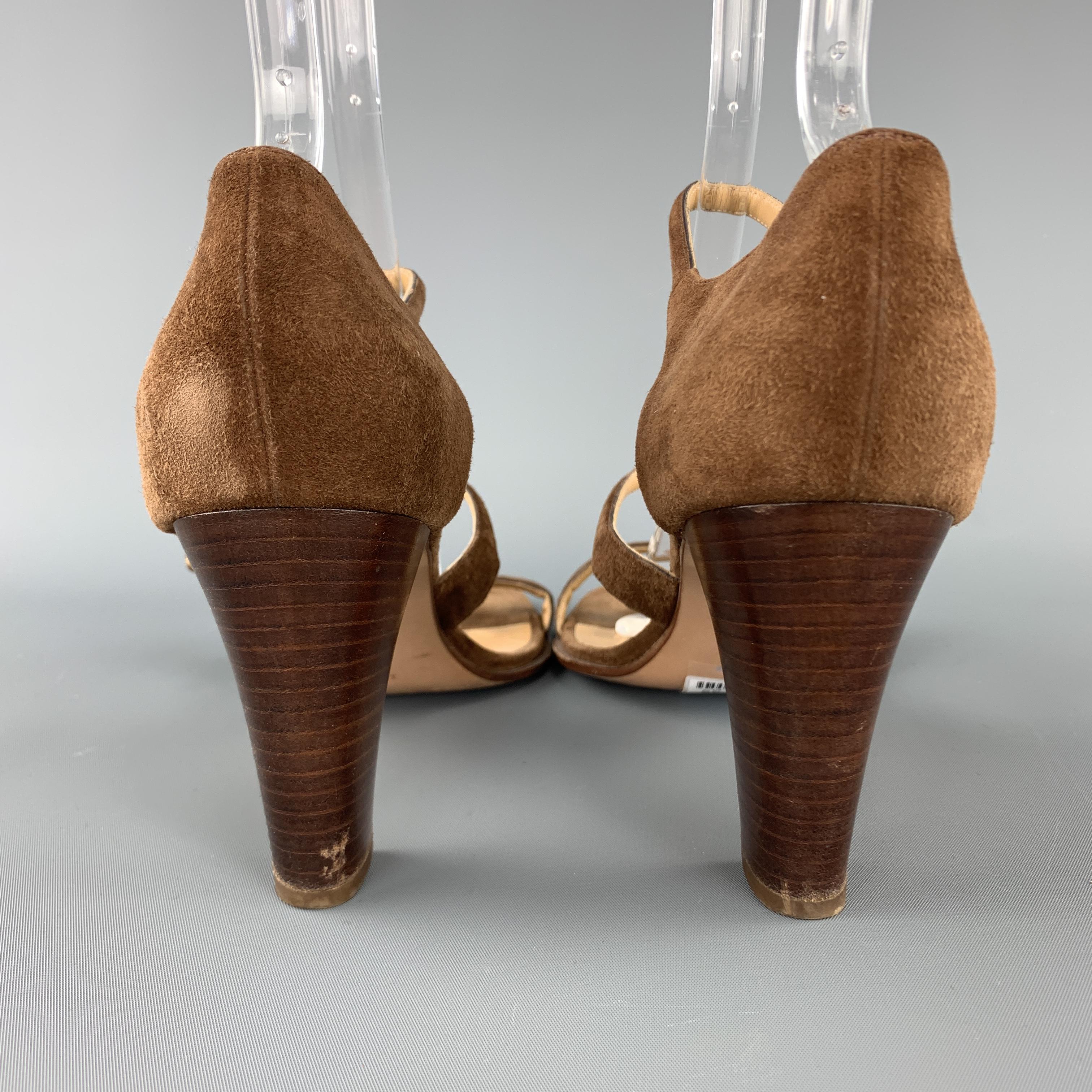 HERMES Size 10 Brown Suede Strappy Stacked Heel Sandals In Good Condition In San Francisco, CA