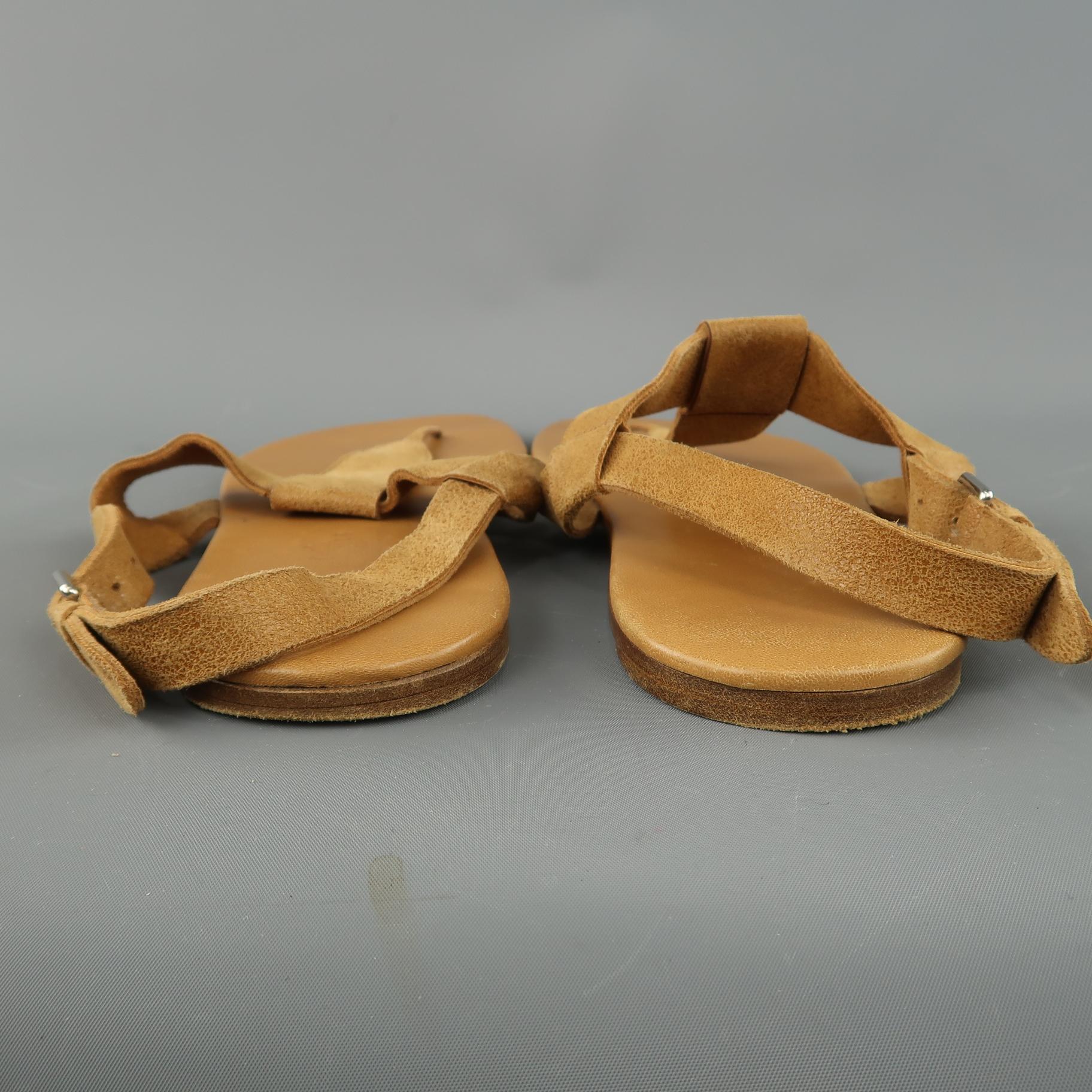 HERMES Size 11 Tan Leather Thong Ankle Strap Sandals In Excellent Condition In San Francisco, CA
