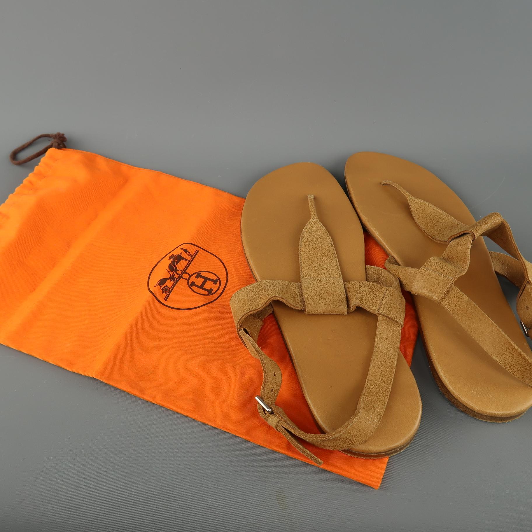 HERMES Size 11 Tan Leather Thong Ankle Strap Sandals 1