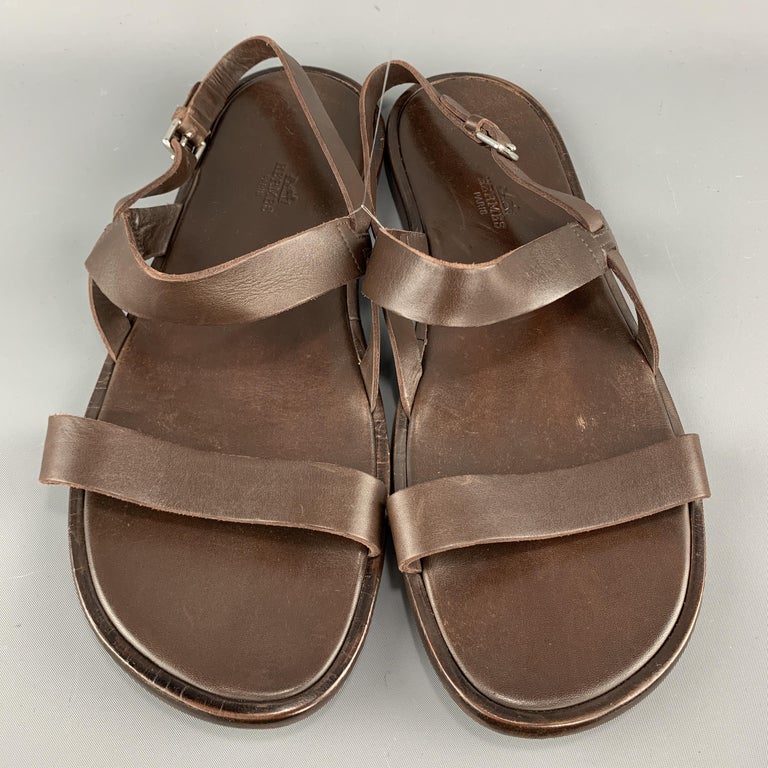 HERMES Size 12 Brown Leather Ankle Straps Sandals at 1stDibs