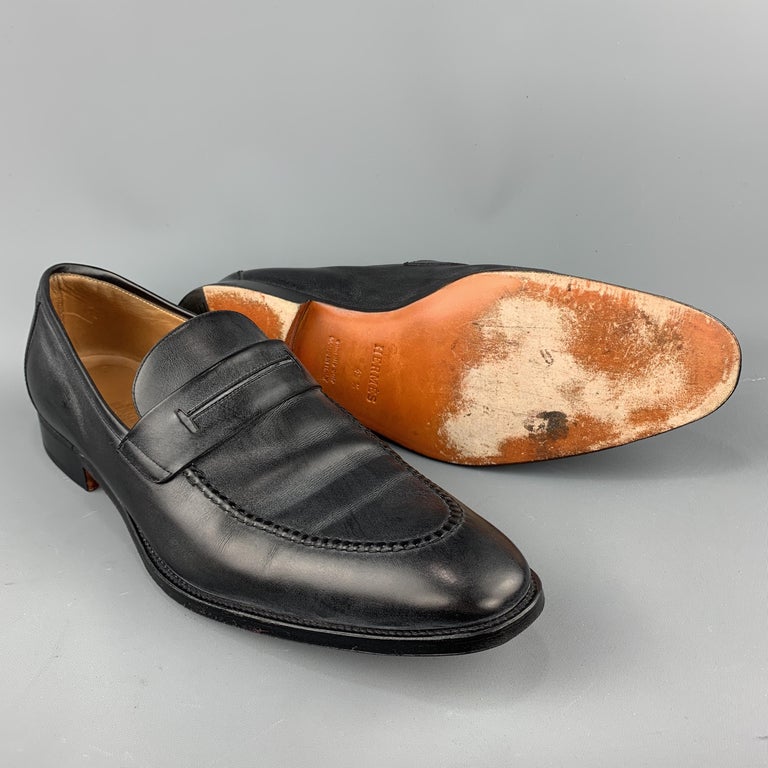 HERMES Size 12.5 Black Antique Leather Slip On Loafers For Sale at 1stDibs