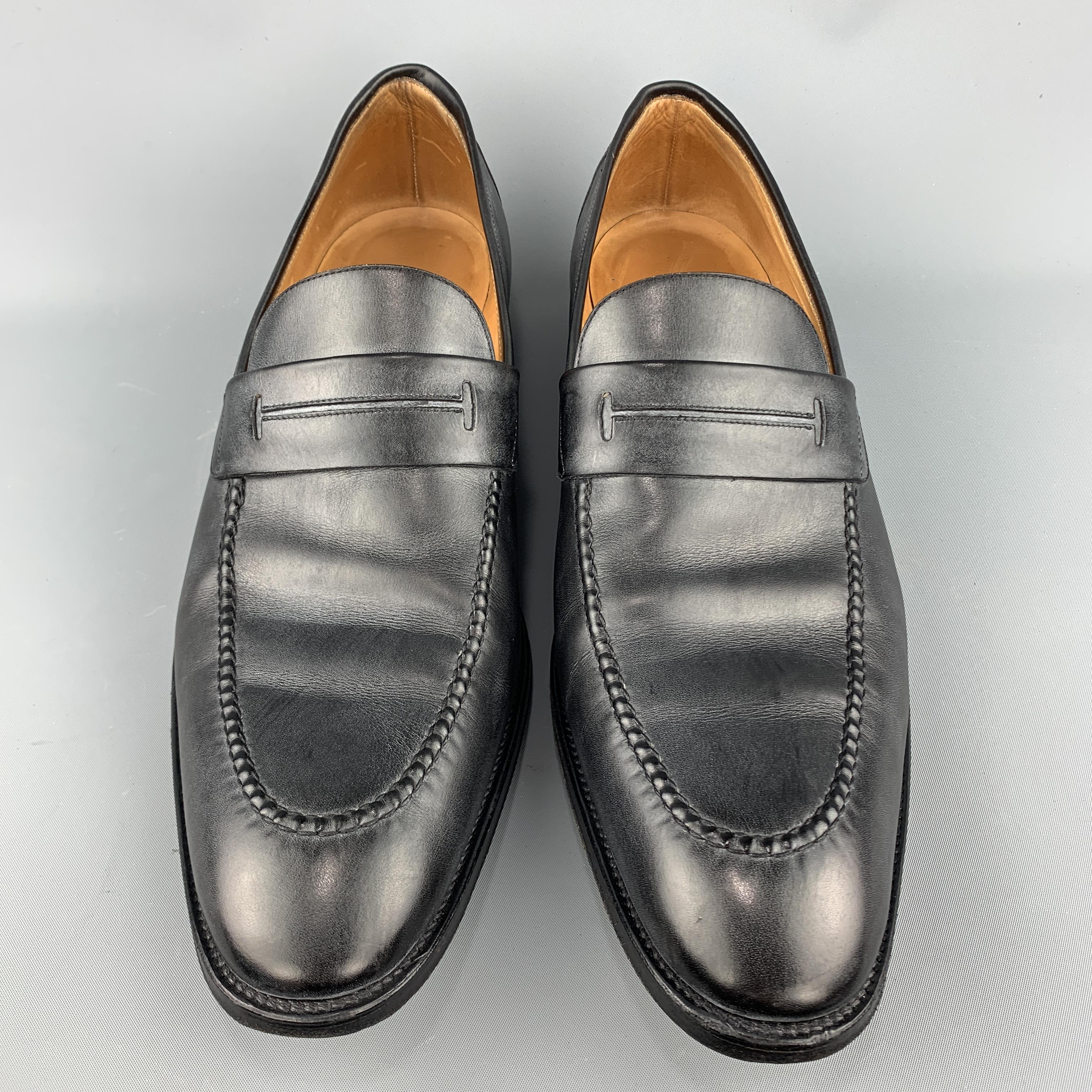 HERMES Size 12.5 Black Antique Leather Slip On Loafers In Excellent Condition In San Francisco, CA