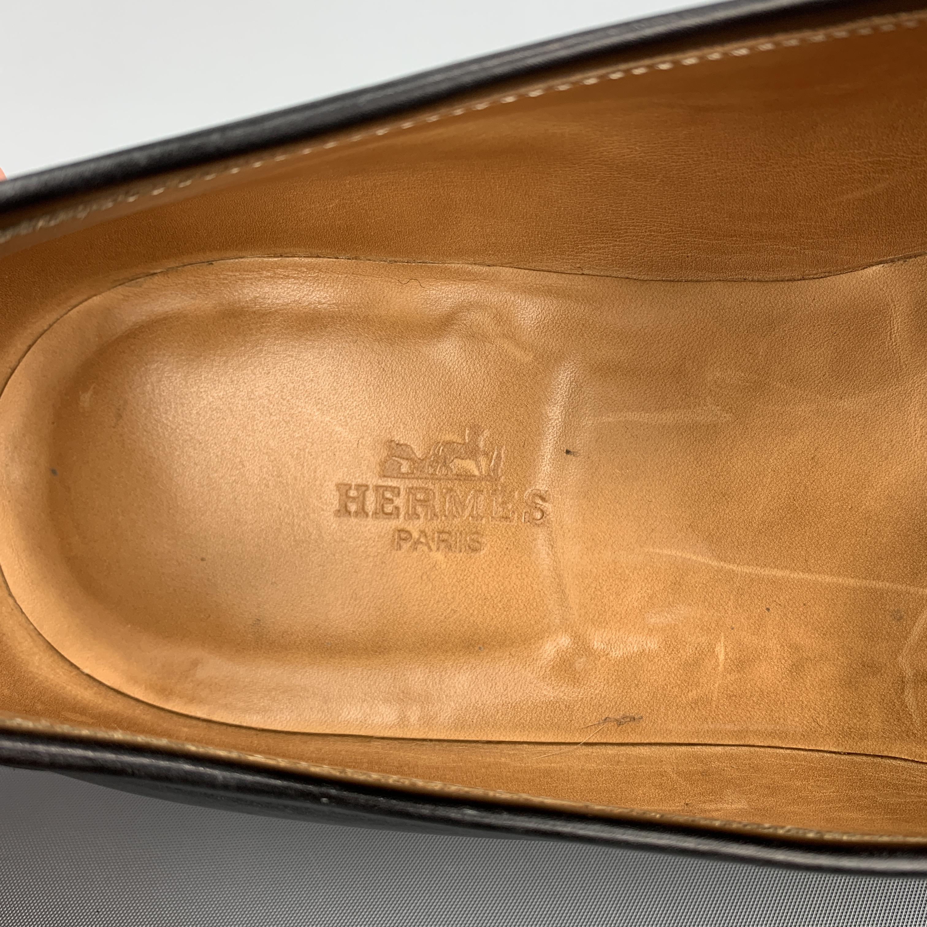 HERMES Size 12.5 Black Antique Leather Slip On Loafers 1