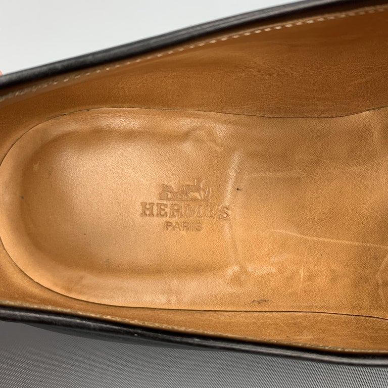 HERMES Size 12.5 Black Antique Leather Slip On Loafers 2