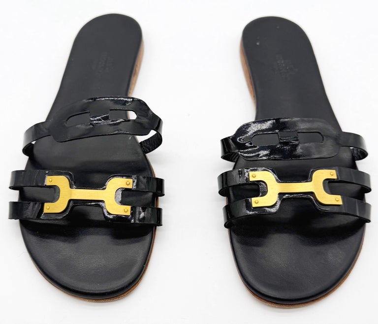 Hermes Black Leather Slide Sandals with Gold Logo Detail Hermes Oran Gold Black Women main image 4