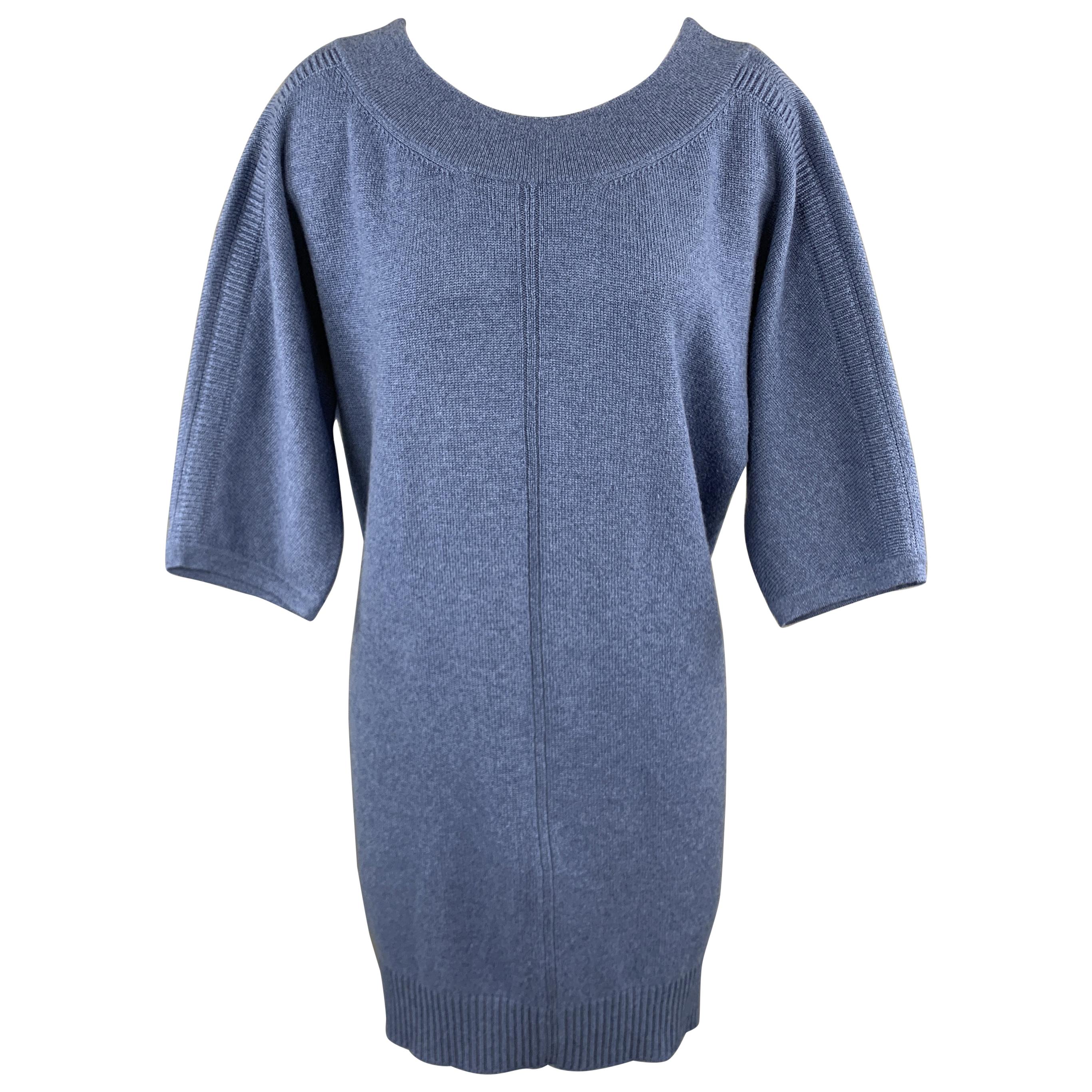 HERMES Size 6 Blue Cashmere Oversized Short Sleeve Sweater