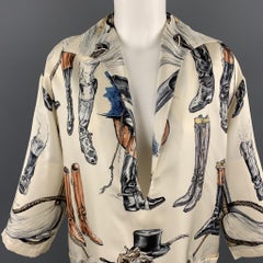 HERMES Size 6 Cream Silk Equestrian A PROPES DE BOTTES Print Blouse