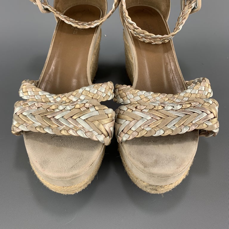 HERMES Size 7 Taupe Suede Metallic Braided Strap INES Espadrille ...