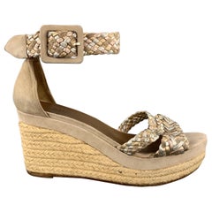 HERMES Size 7 Taupe Suede Metallic Braided Strap INES Espadrille Sandals