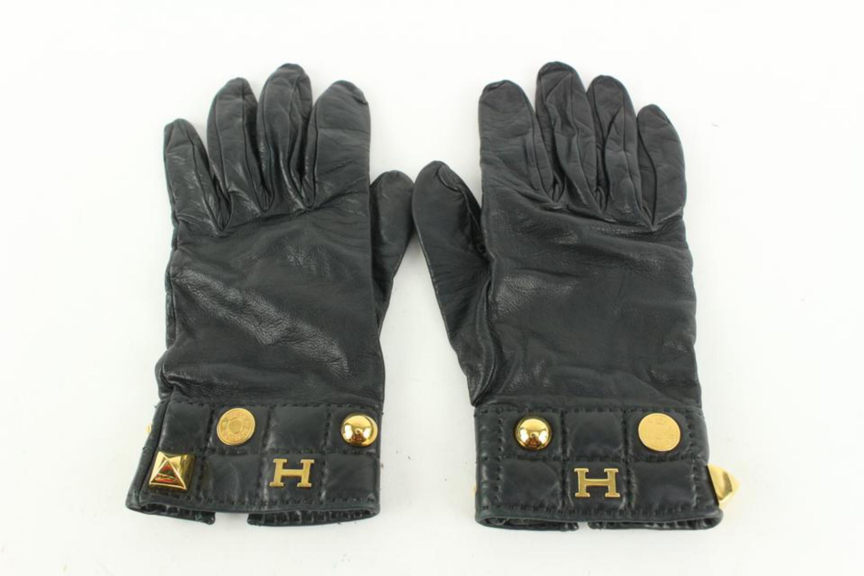 Hermès Size 7.5 Black Leather H Logo Medor Gloves 1230h43 8