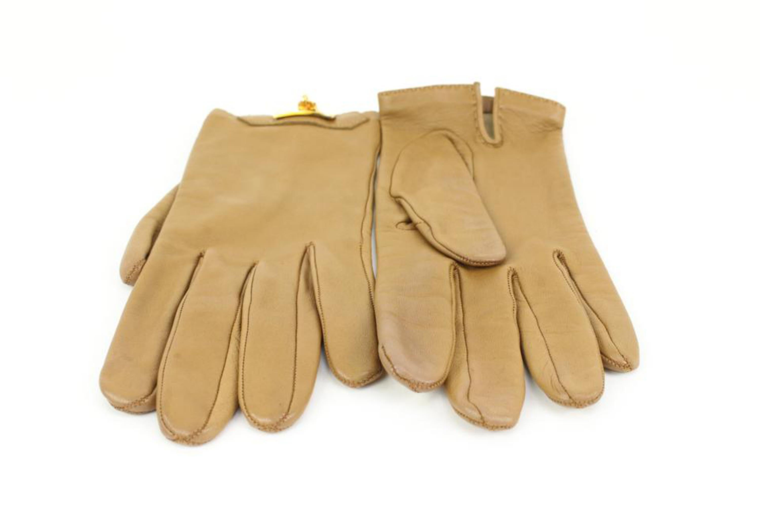 Hermès Taille 8 Light Brown x Gold Lambskin Kelly Gloves Cadena Padlock 94h412s en vente 7