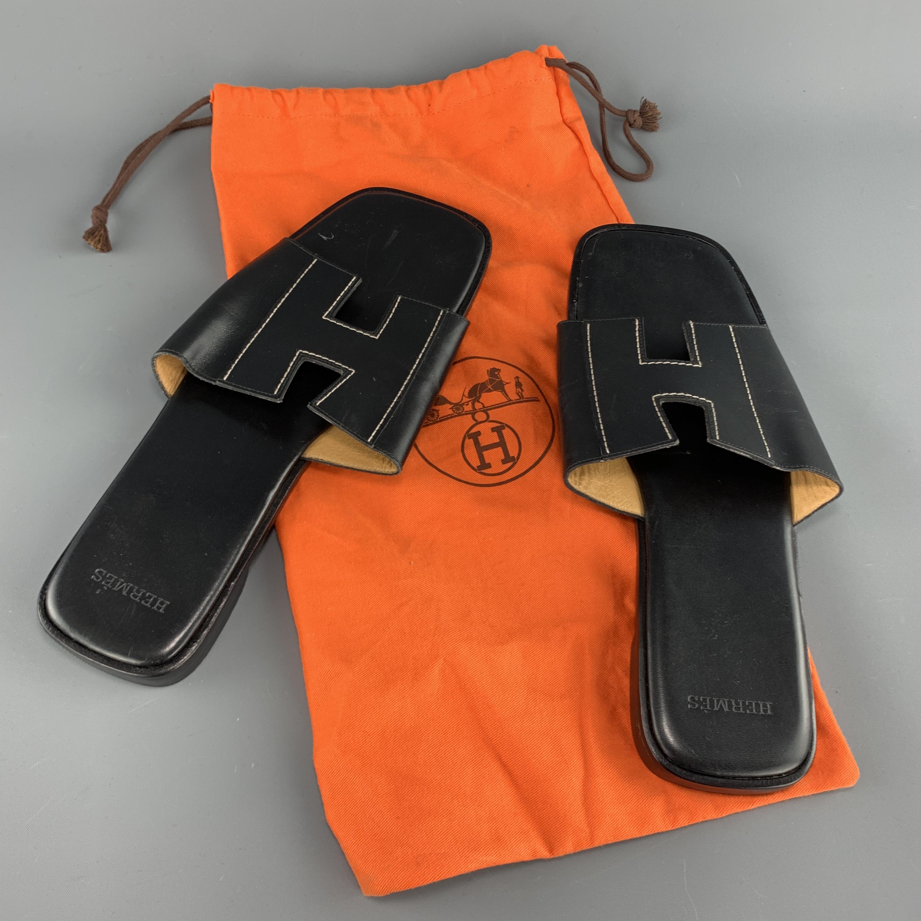 HERMES Size 9 Black Contrast Stitch Leather Slip On H Strap Sandals at  1stDibs