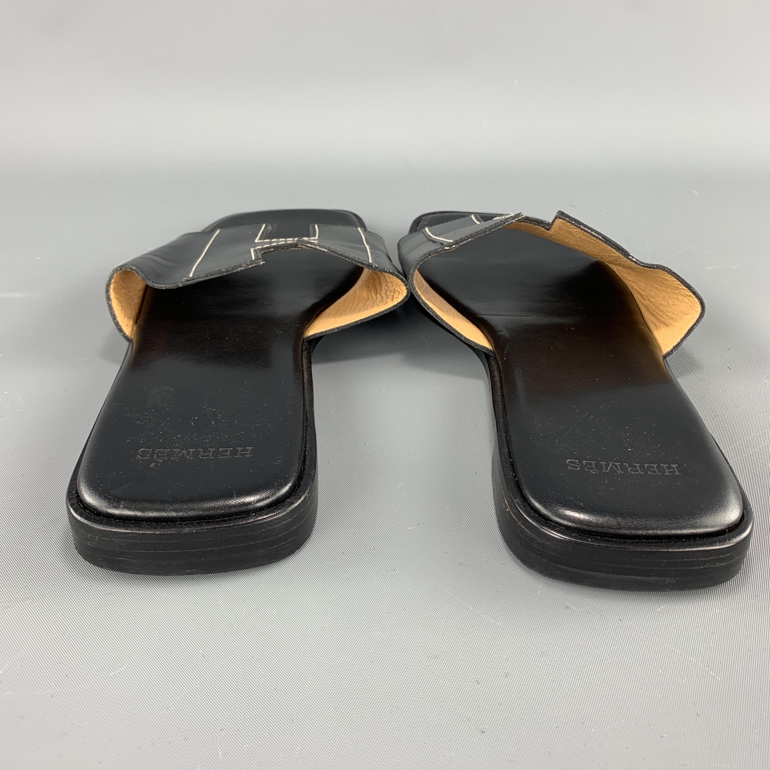 Men's HERMES Size 9 Black Contrast Stitch Leather Slip On H Strap Sandals