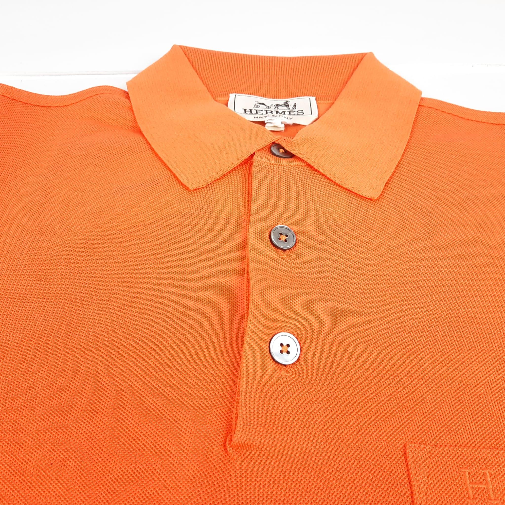 Men's Hermes Size L Orange cotton pique H embroidered buttoned polo shirt