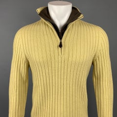 HERMES Größe L Gelb Gerippter Strickpullover aus Wolle/Kaschmir mit halbem Reißverschluss