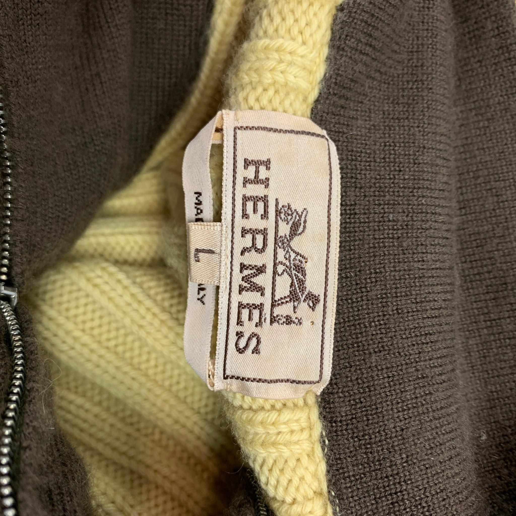 HERMES Size L Yellow Ribbed Knit Wool / Cashmere Half Zip Sweater In Good Condition In San Francisco, CA